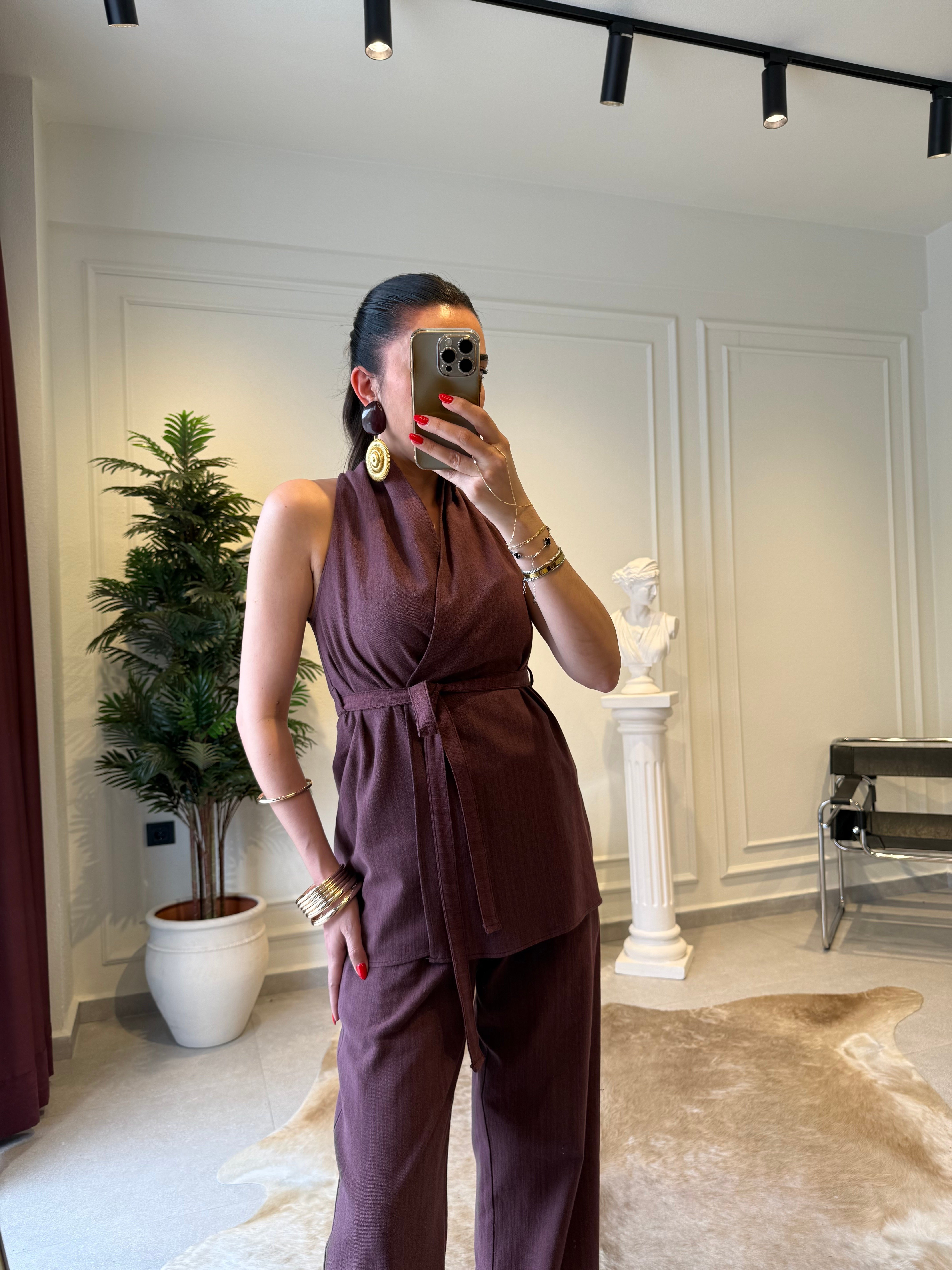 Mürdüm Kruvaze Kapamalı Yelek Pantolon Takım