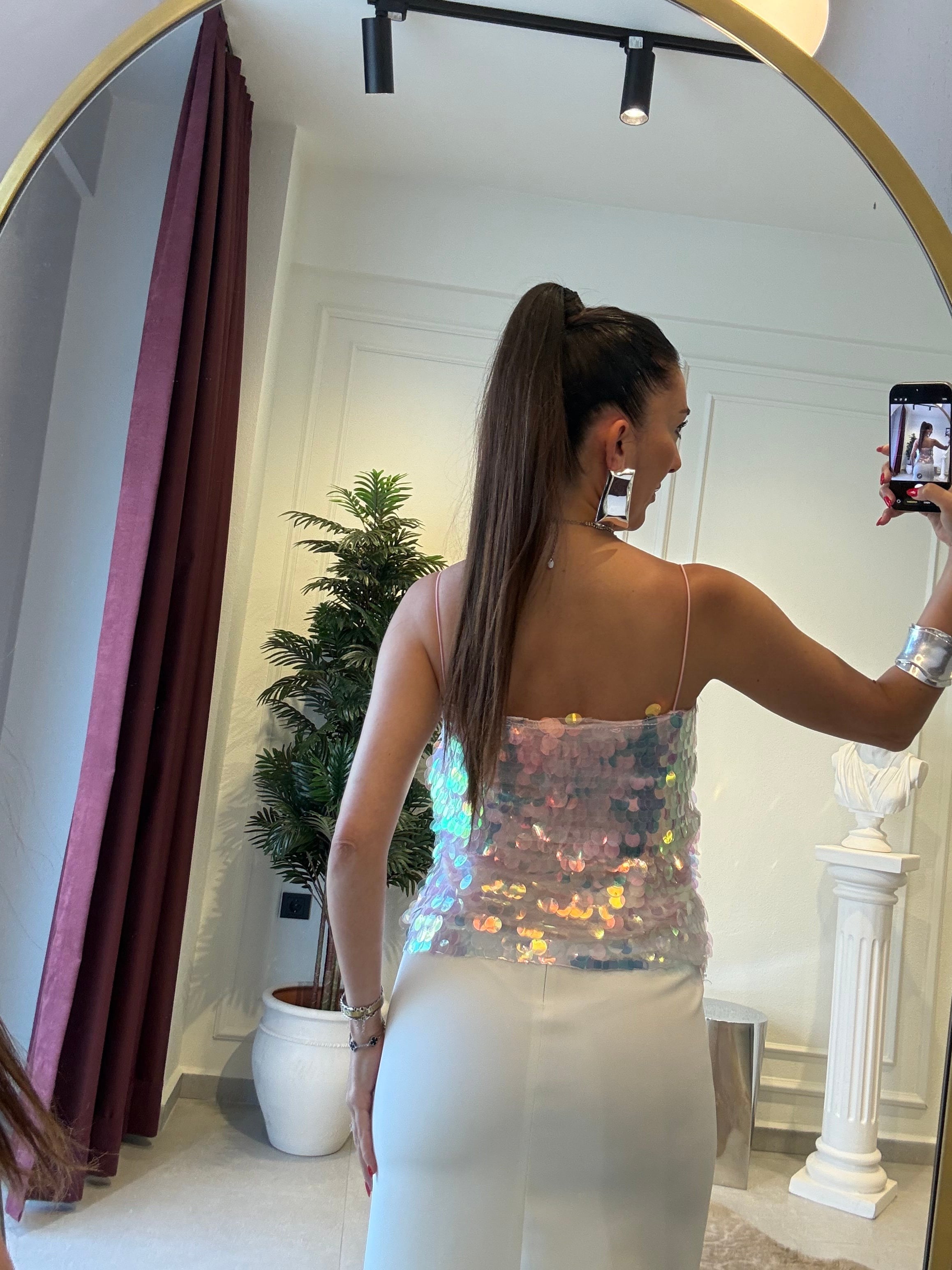Pembe İp Askılı Payetli Bluz