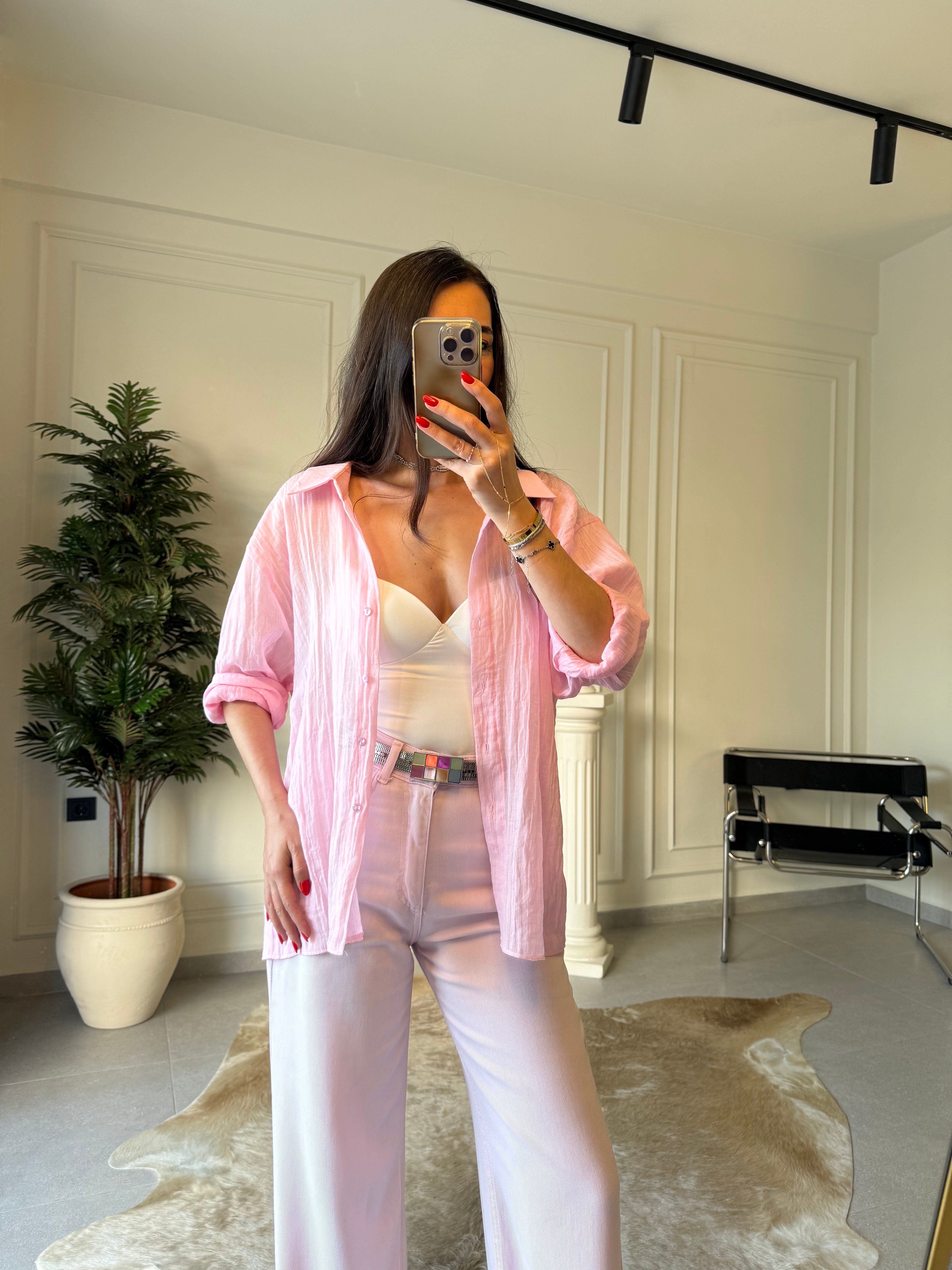 Pembe İthal  Kumaş Pamuk Gömlek 