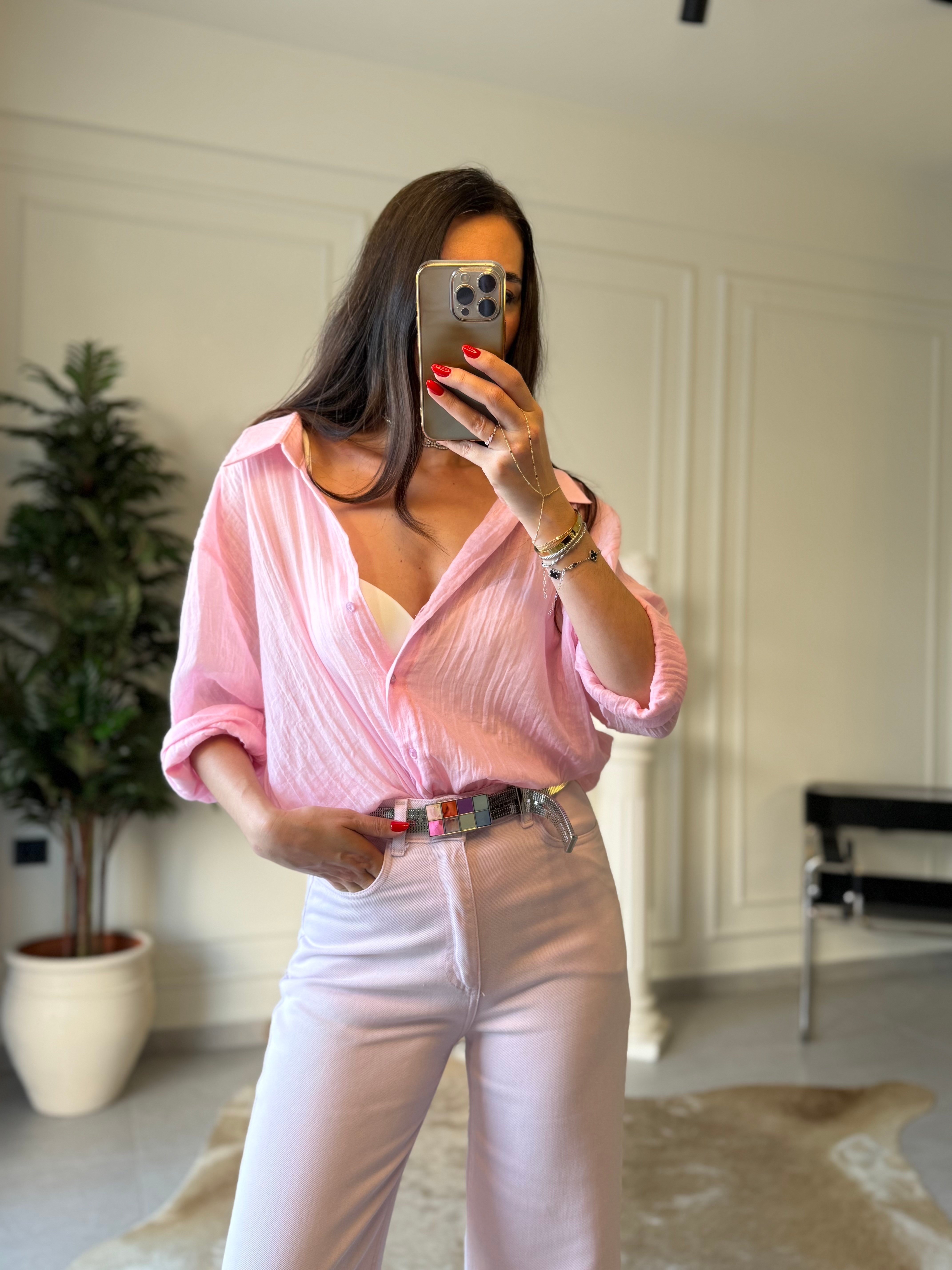 Pembe İthal  Kumaş Pamuk Gömlek 
