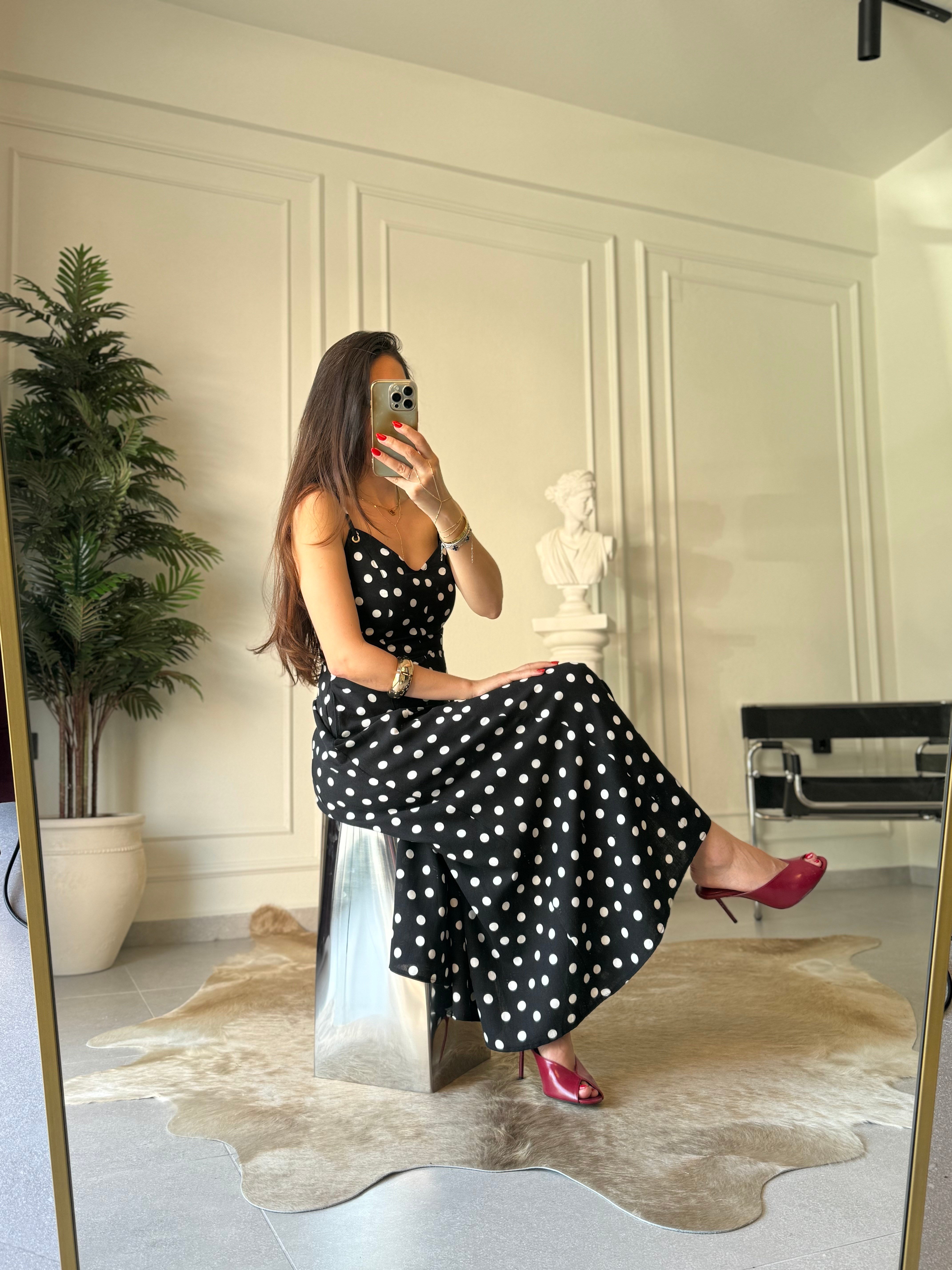 Puantiye Desenli Ayarlanabilir Askılı Elbise 