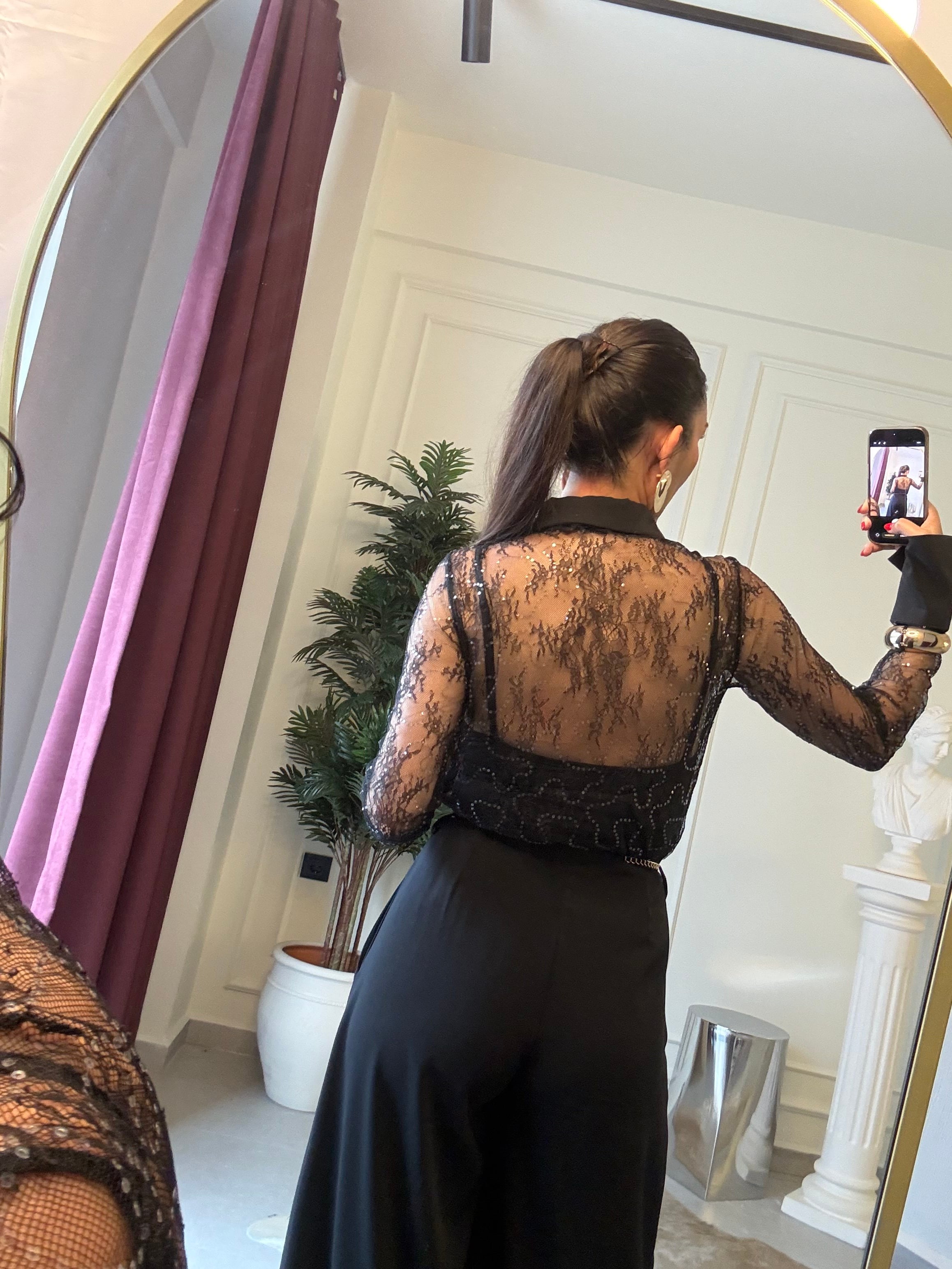 Siyah Dantel Slim Fit Gömlek