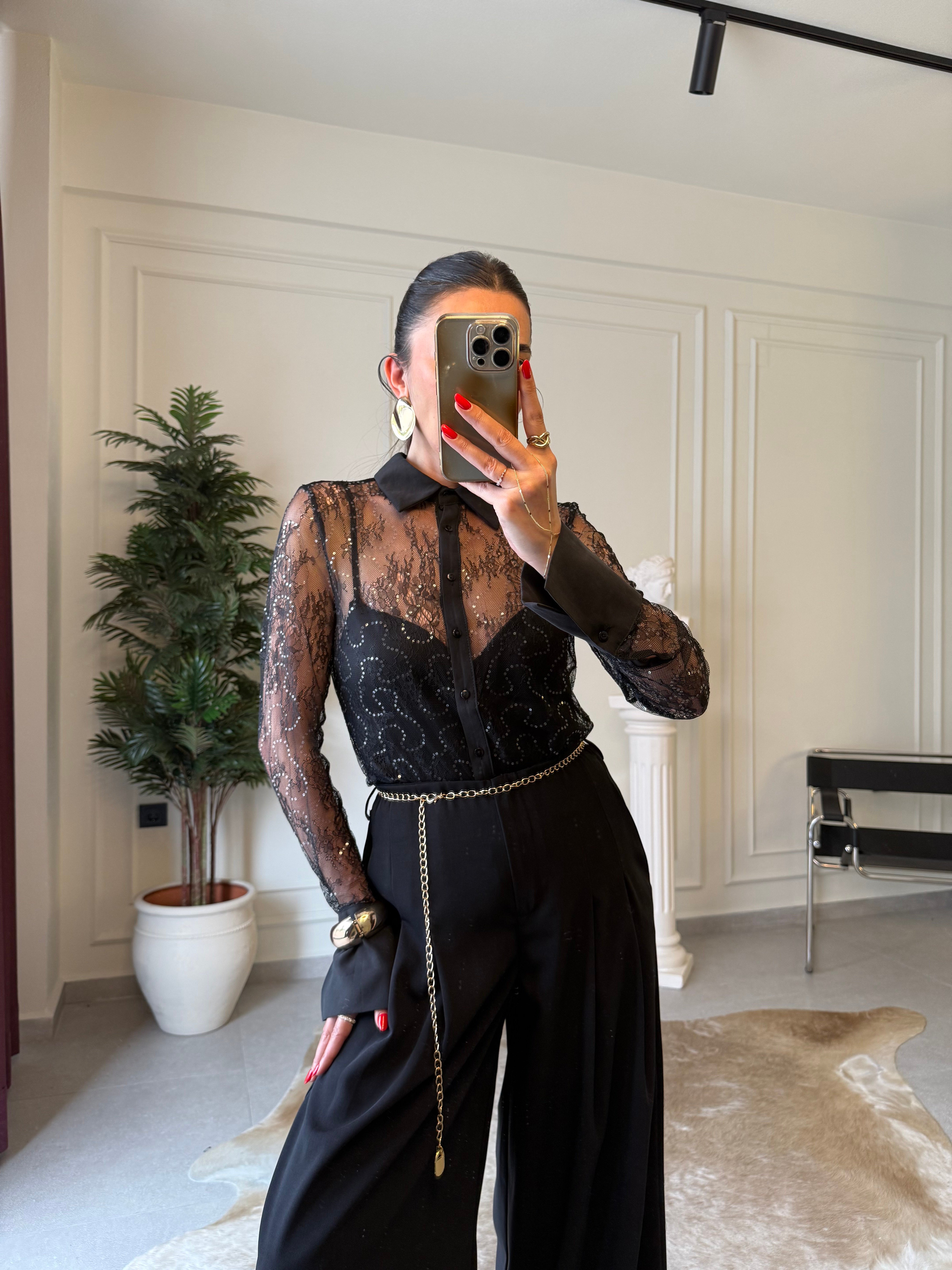 Siyah Dantel Slim Fit Gömlek