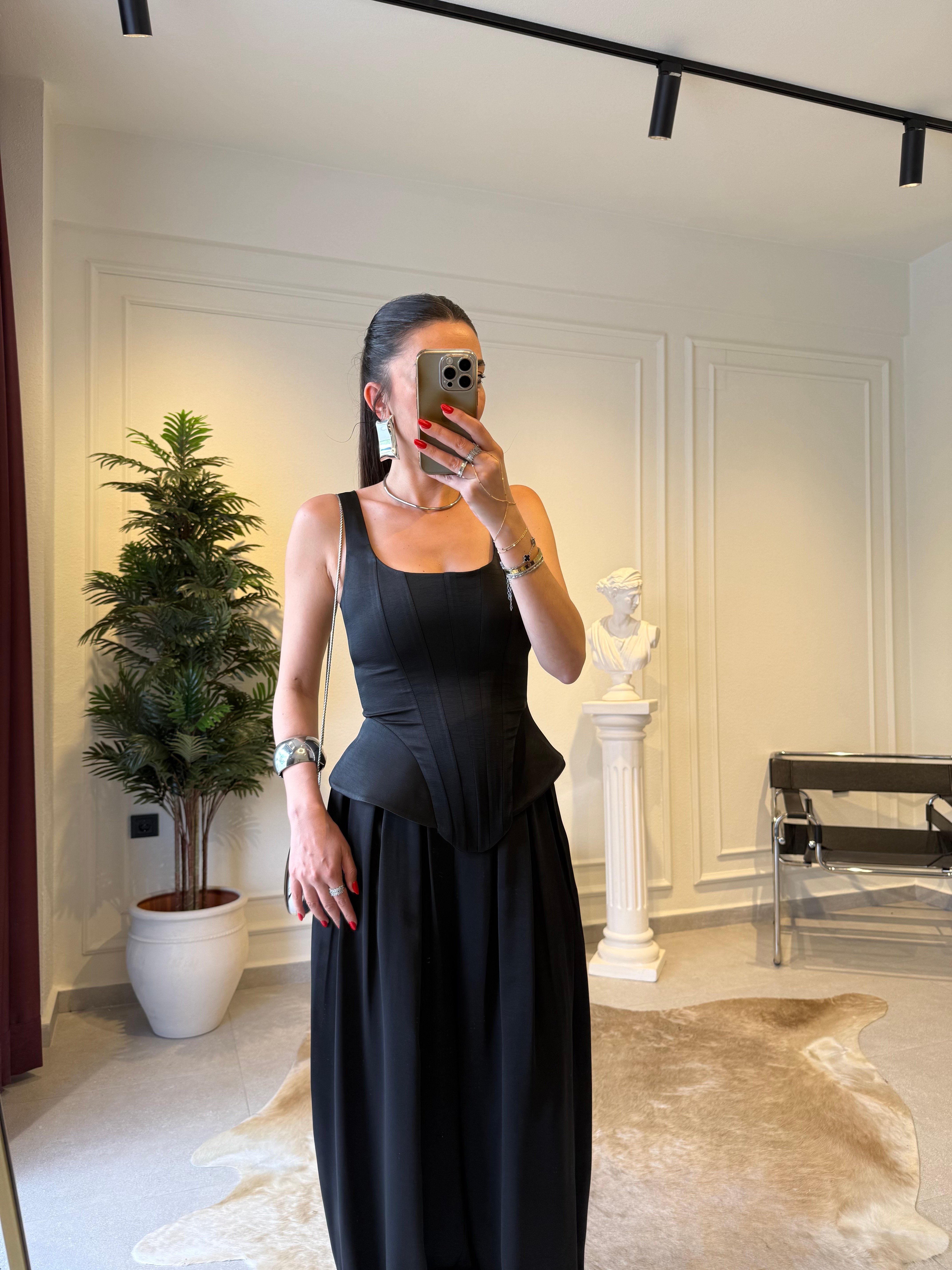 Siyah Fermuarlı Balenli Korse Bluz