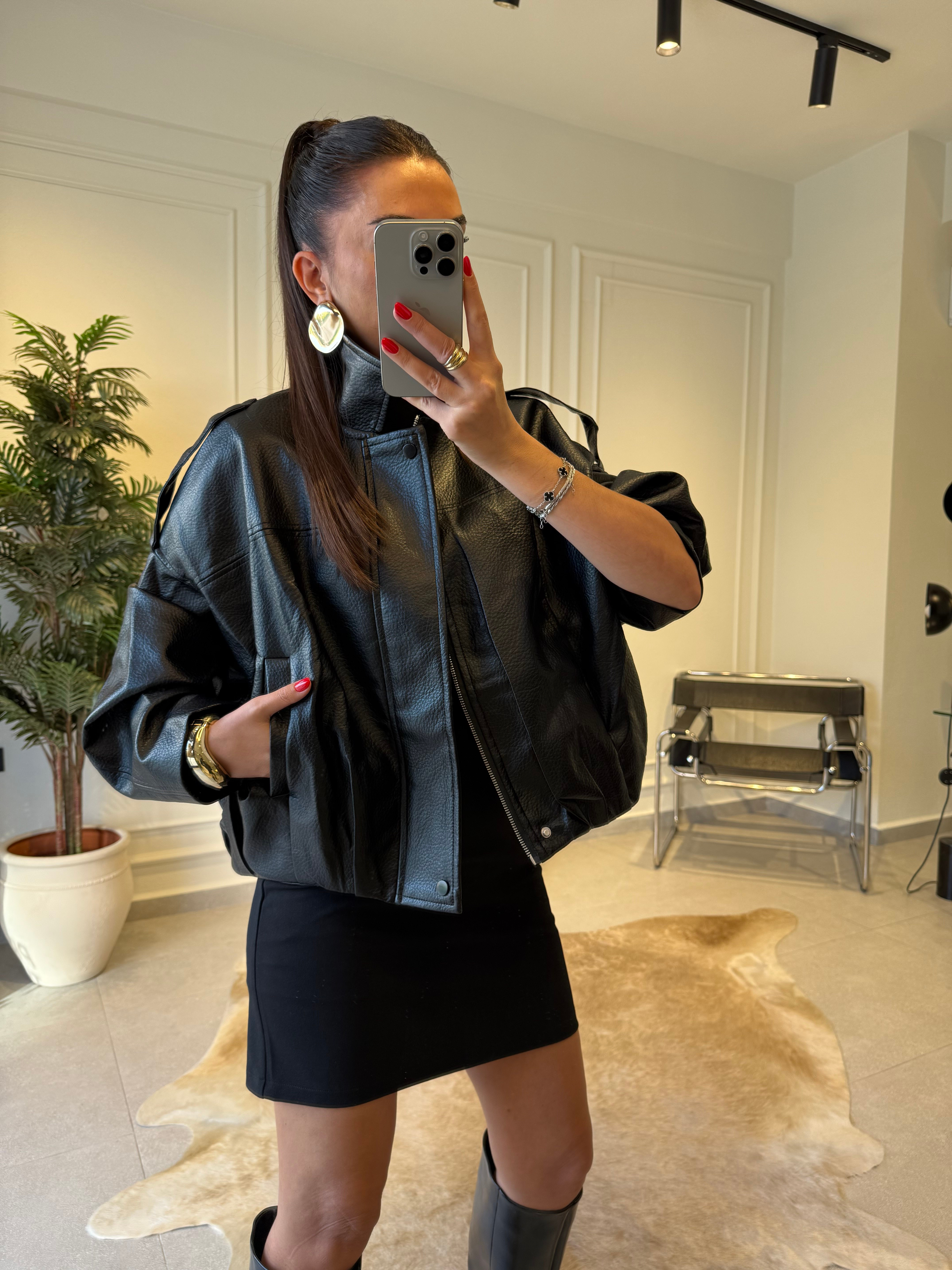 Siyah İthal Premium Kalite Bomber Deri Ceket