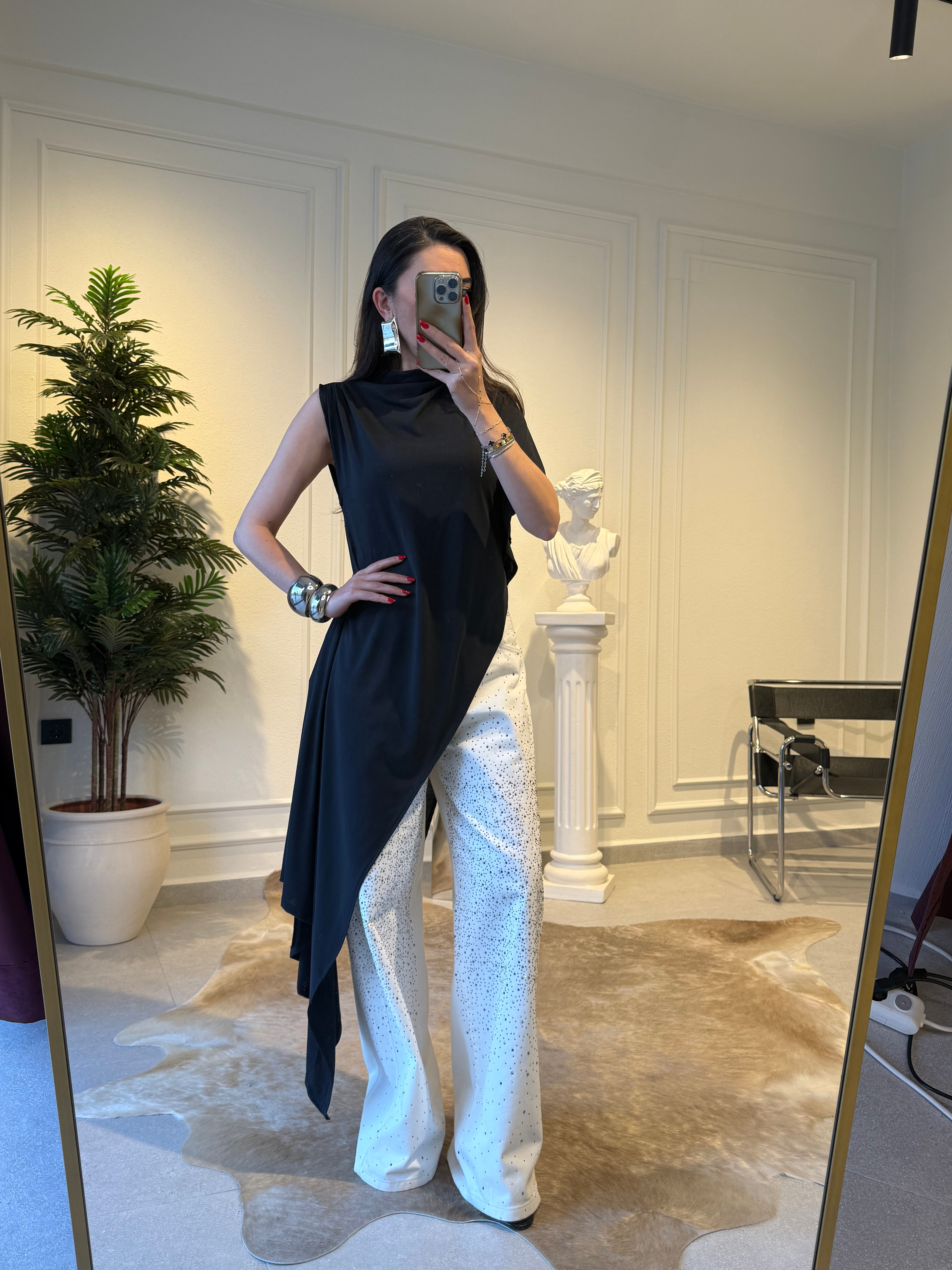 Siyah Örme Uzun Asimetrik Bluz