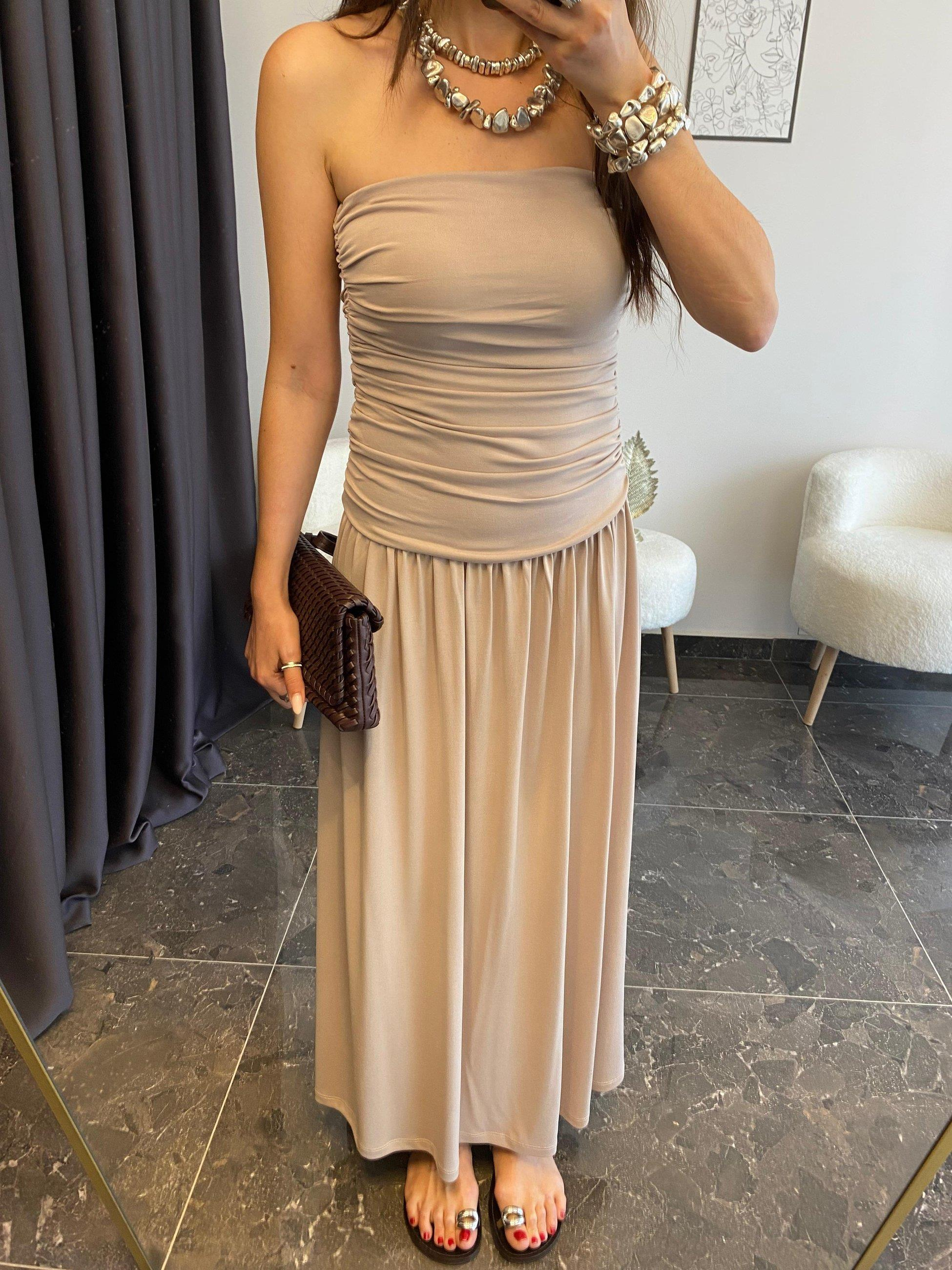 Straplez Drapeli Örme Elbise