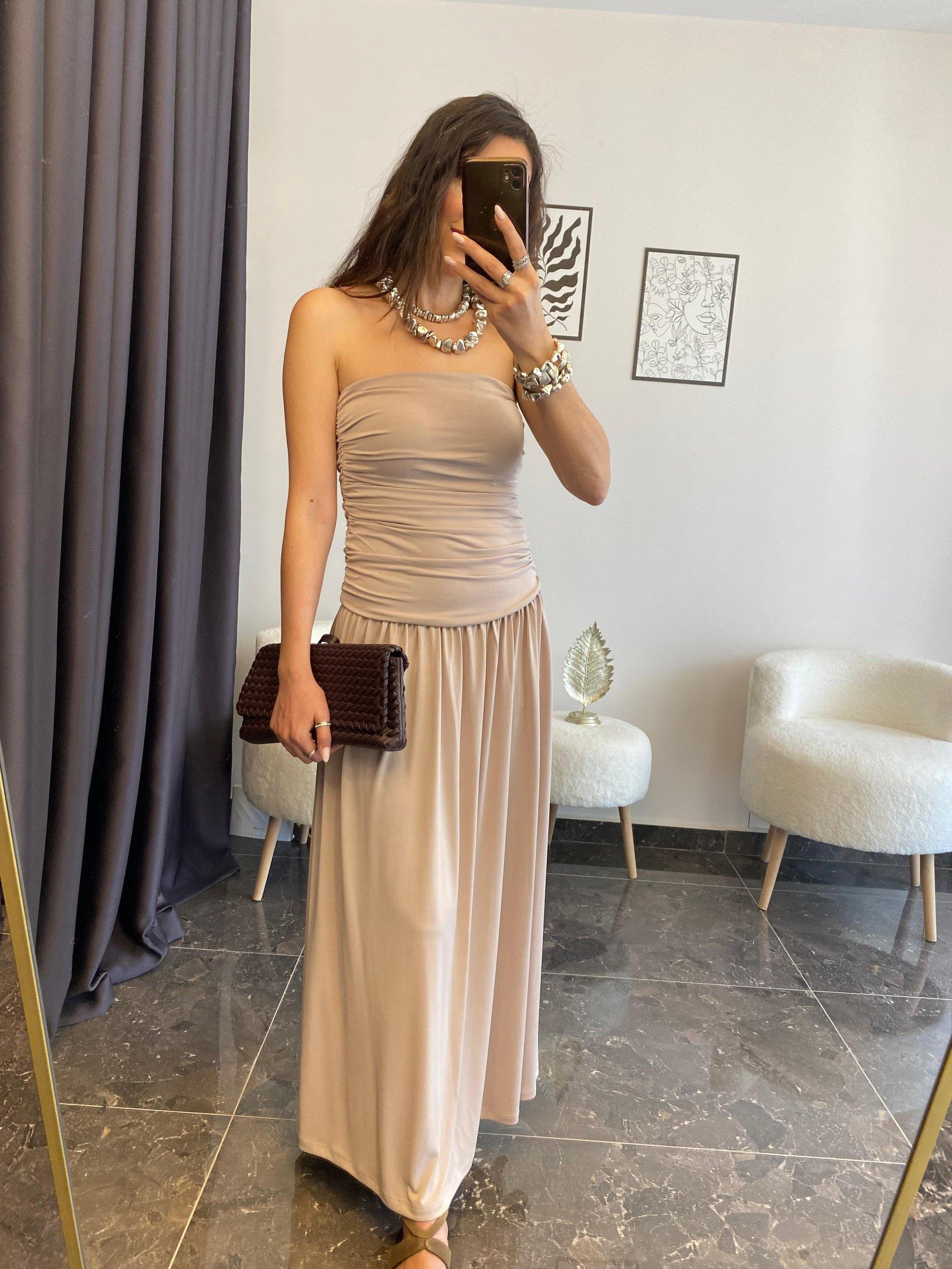 Straplez Drapeli Örme Elbise