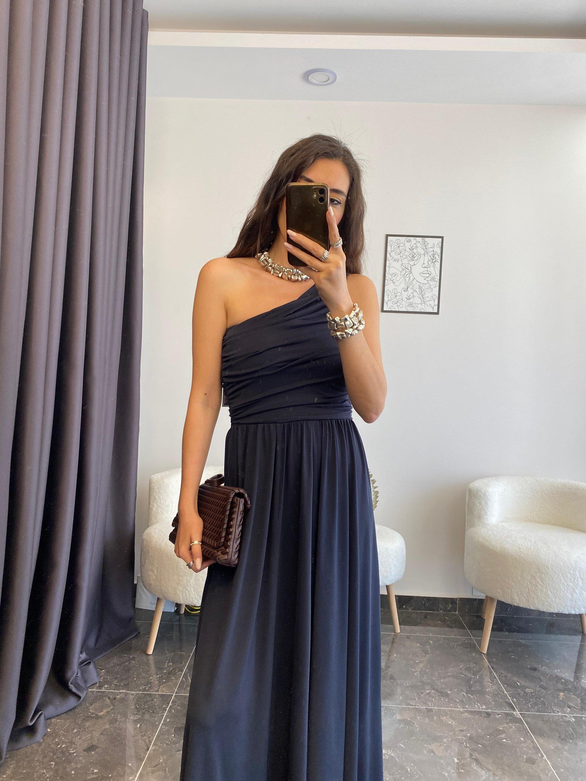 Tek Omuz Drapeli Örme Elbise