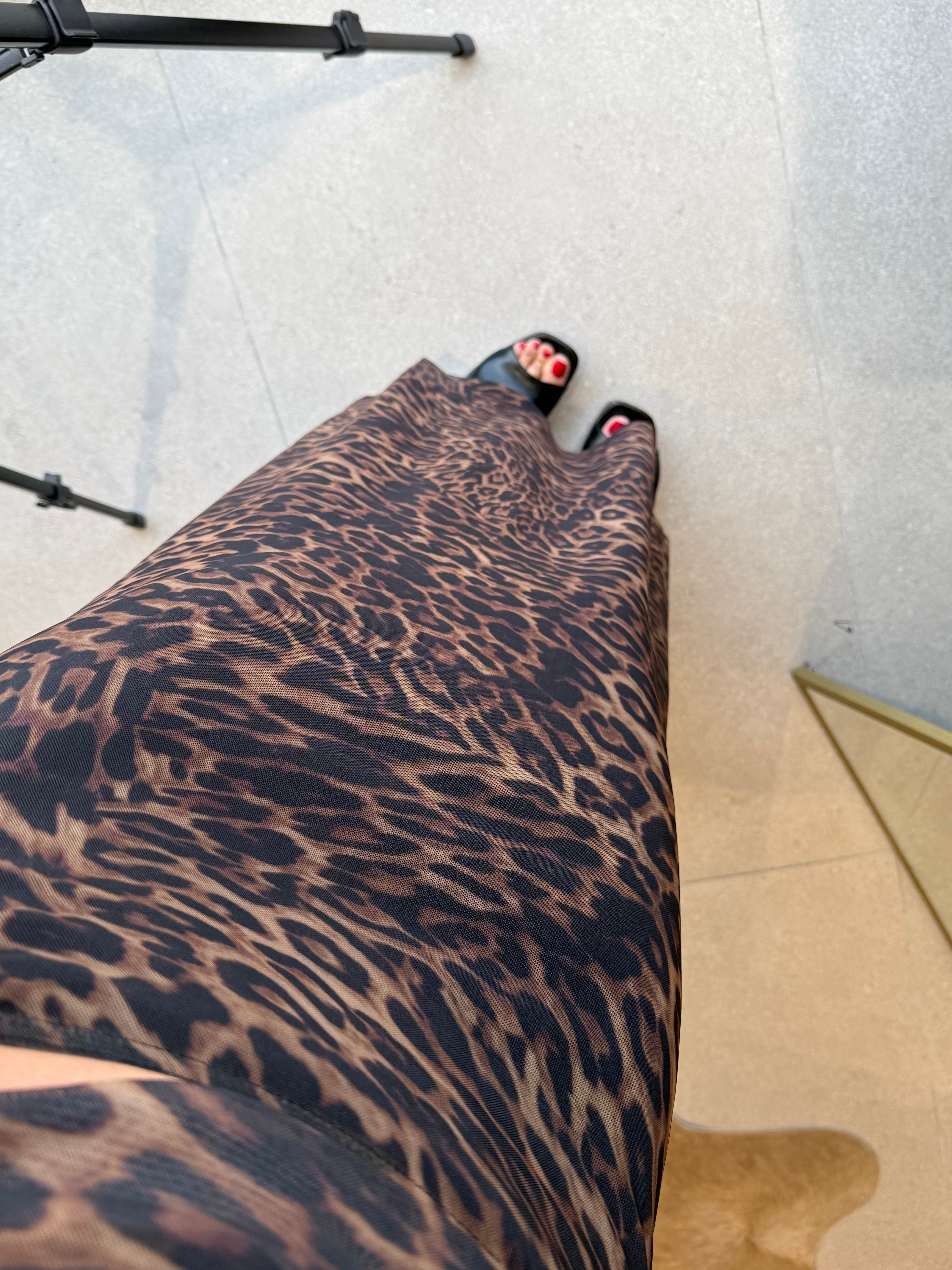 Tül Leopar Desenli Bluz Etek Takım 