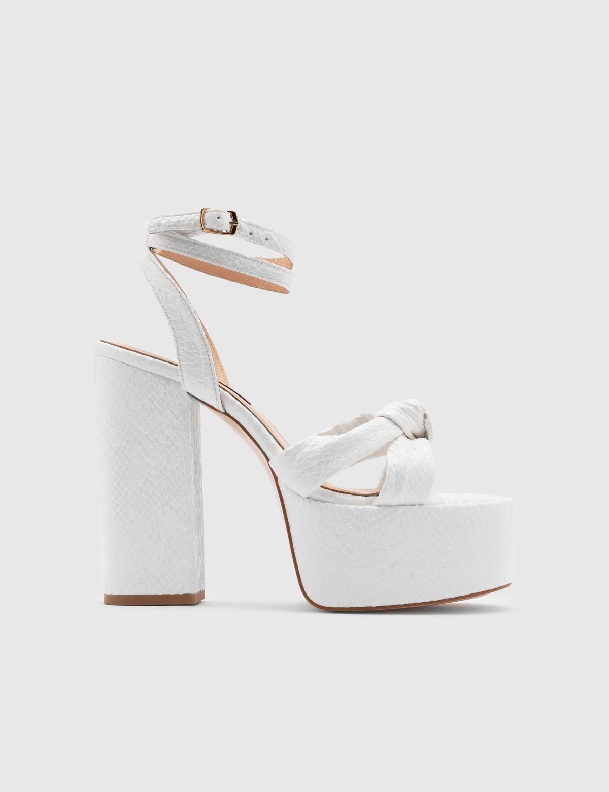 Alcott White Leather Women's Heeled Sandal with Snake Print