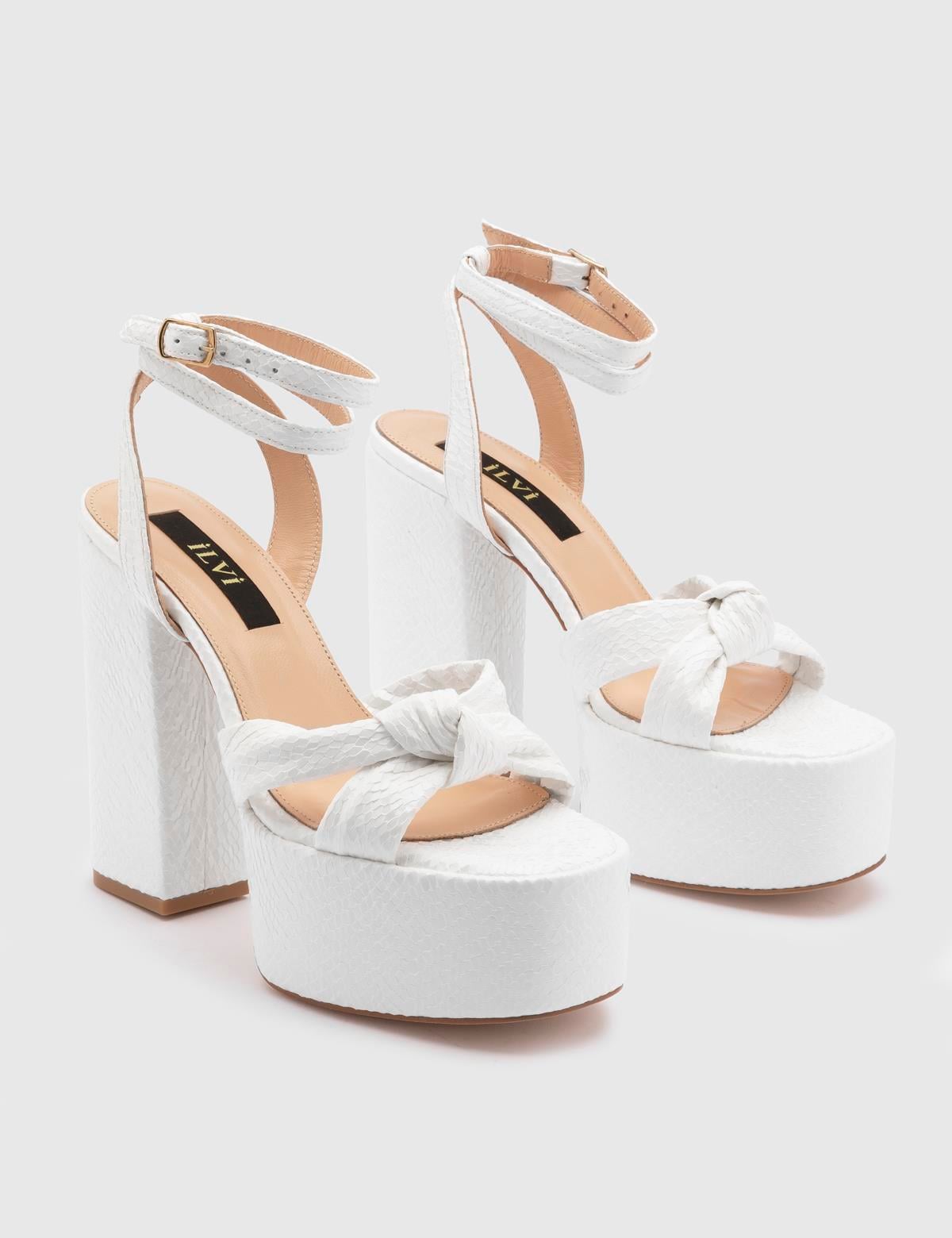 Alcott White Leather Women's Heeled Sandal with Snake Print