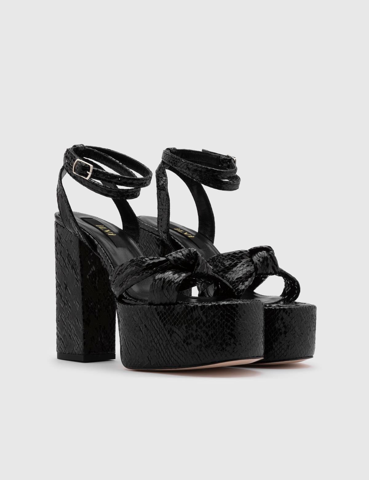 Alcott Black Leather Women's Heeled Sandal with Snake Print