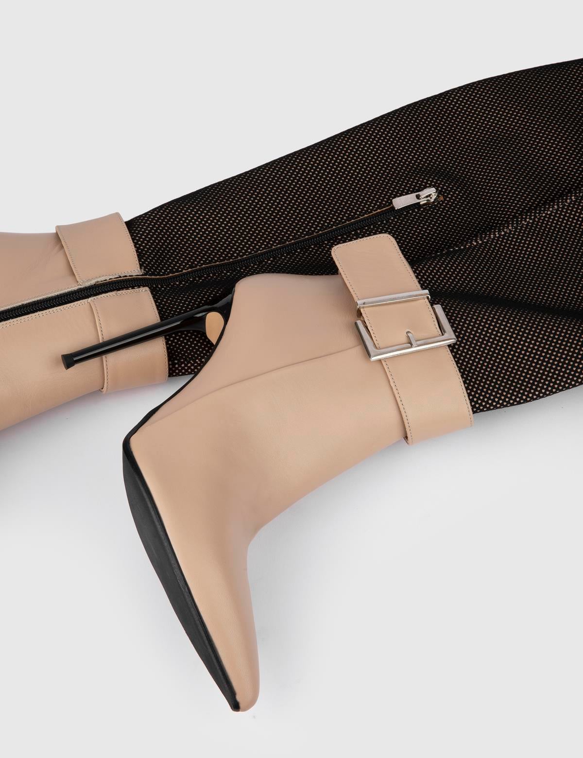 Asmunt Beige Leather-Mesh Women's Heeled High Boot