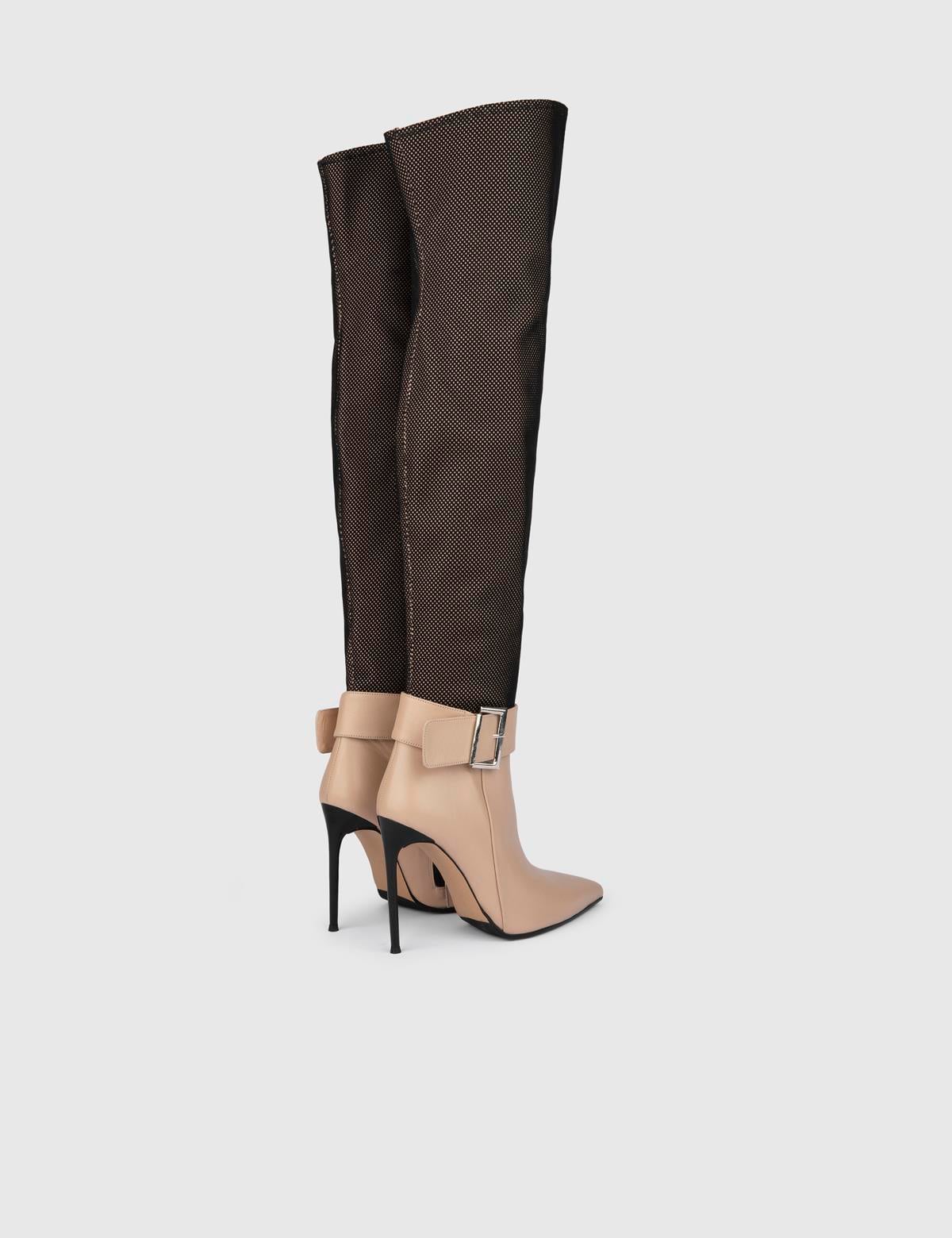 Asmunt Beige Leather-Mesh Women's Heeled High Boot