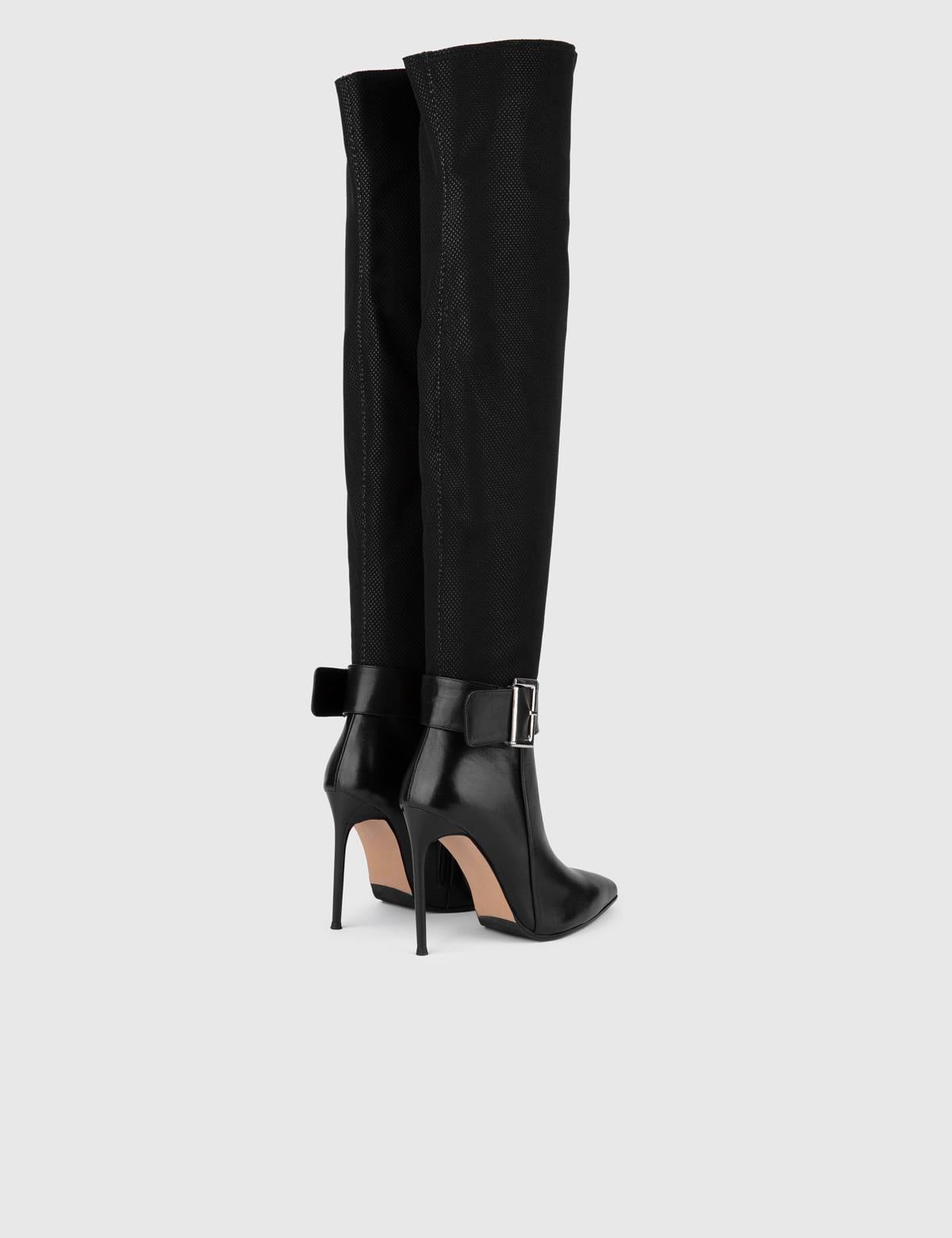 Asmunt Black Leather-Mesh Women's Heeled High Boot