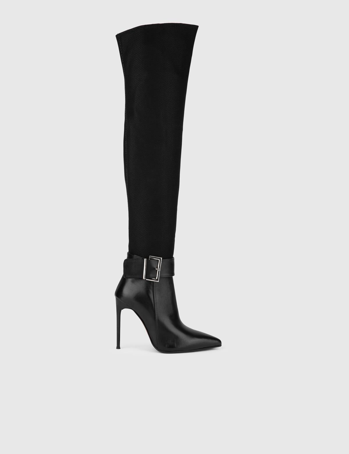 Asmunt Black Leather-Mesh Women's Heeled High Boot