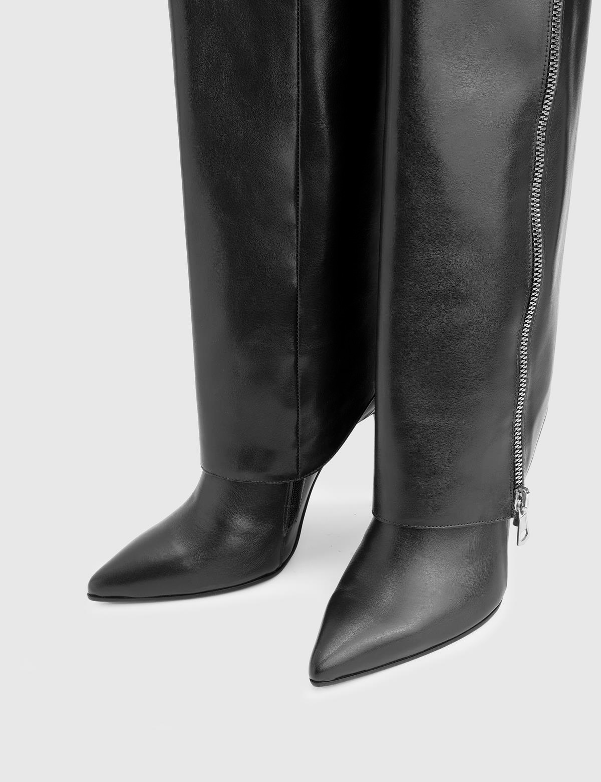 Bellina Black Leather Women's Heeled High Boot