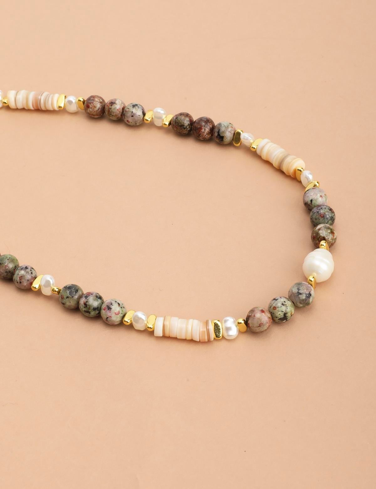Brilee Gold Women's Necklace with Beige Stones