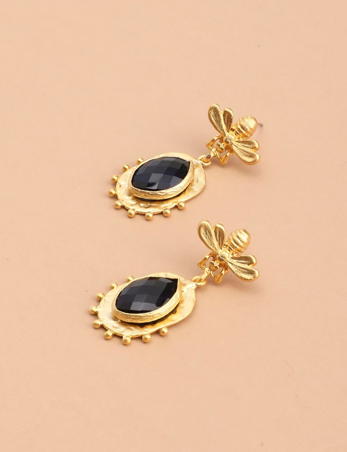 Celare Gold Women's Earrings with Black Stones