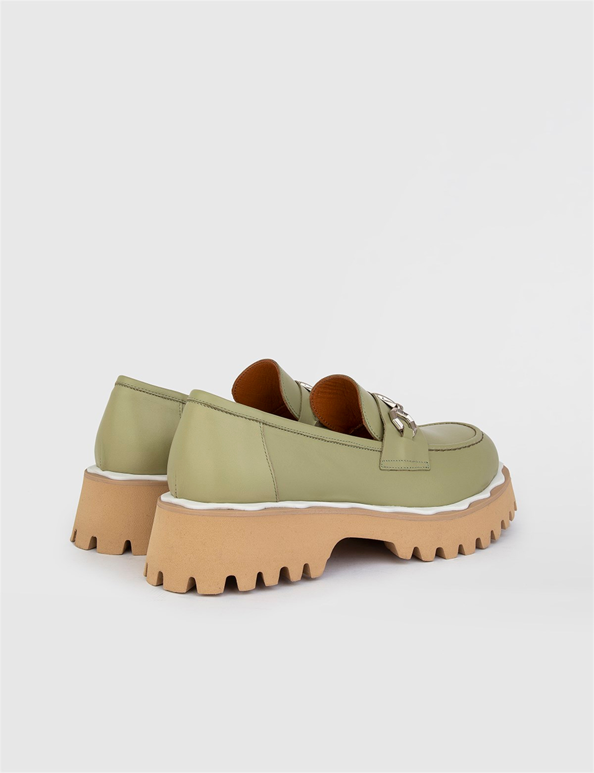 Cery Olive Green Leather Women's Loafer - İLVİ