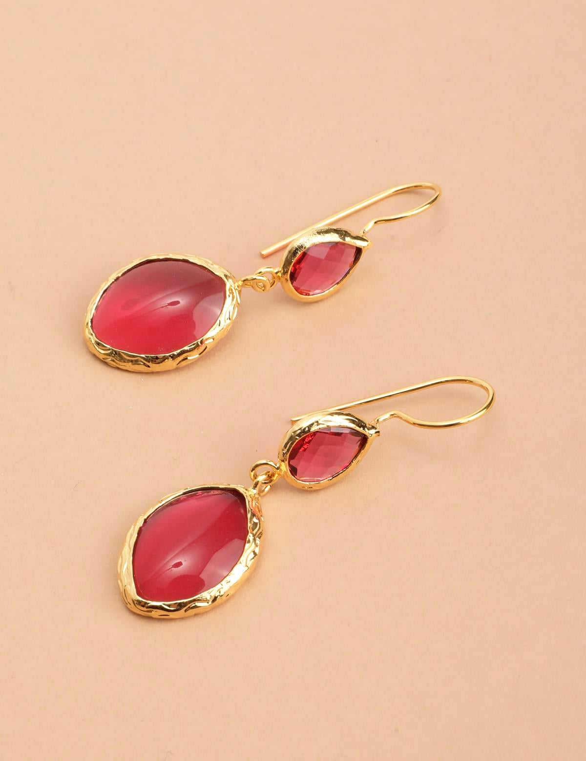 Cyrene Gold Women's Earrings with Burgundy Stones