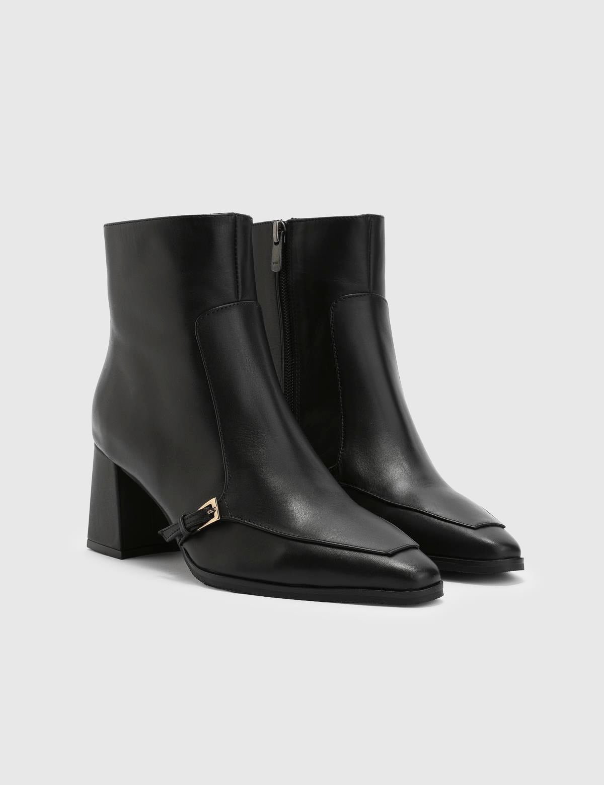 Daen Black Leather Women's Heeled Boot
