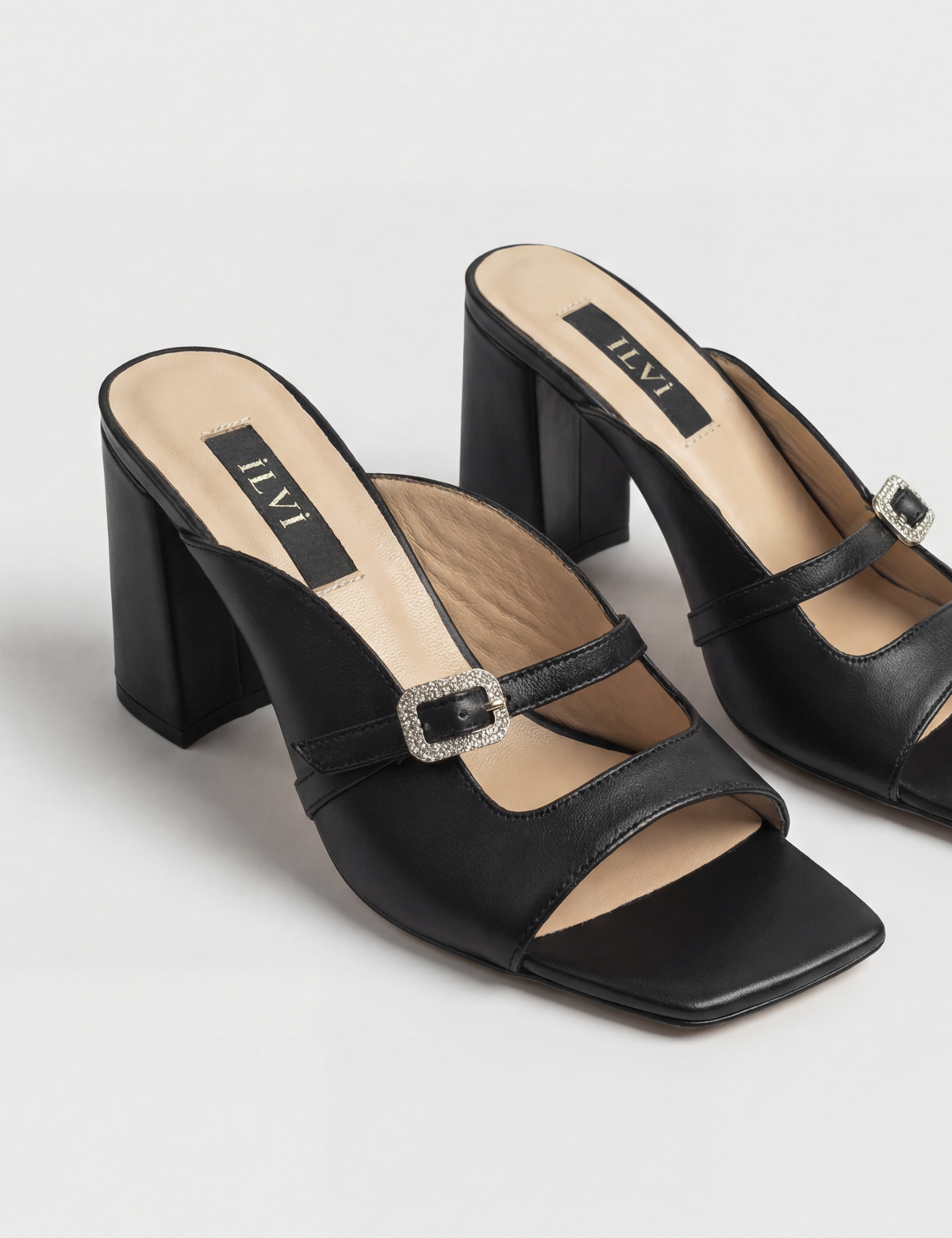 Dielva Black Leather Women's Heeled Slide