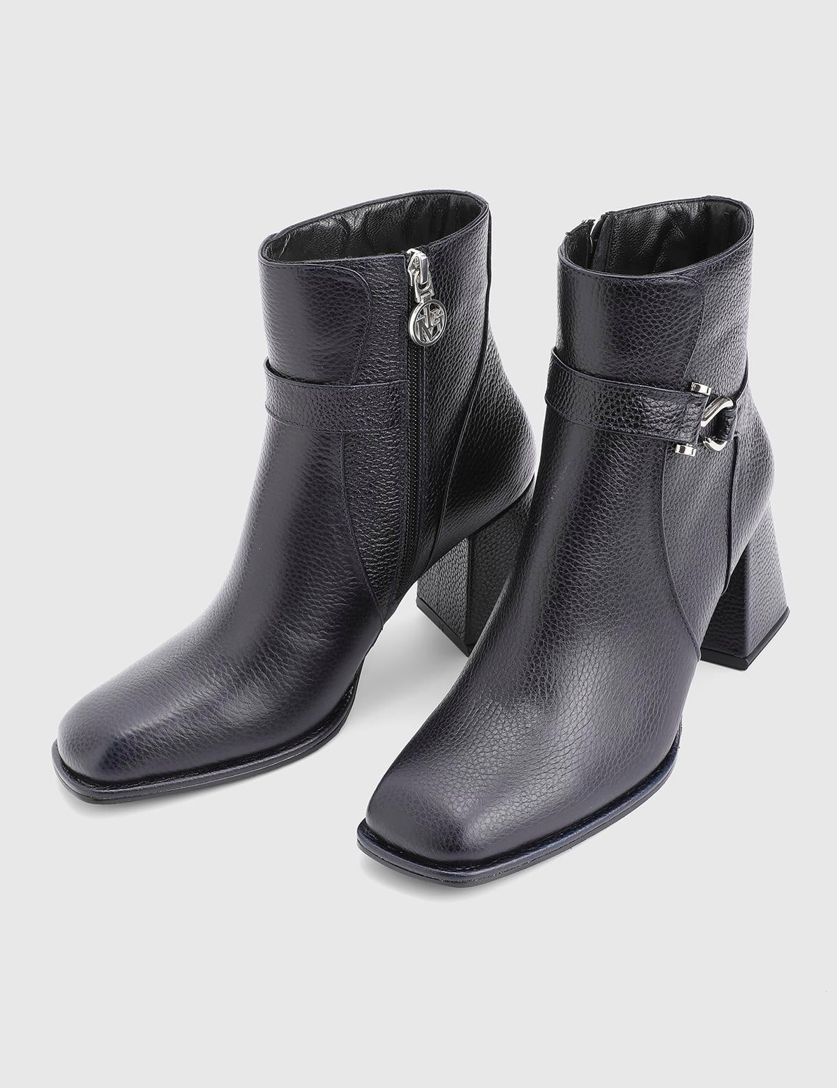 Digna Navy Blue Floater Leather Women's Heeled Boot