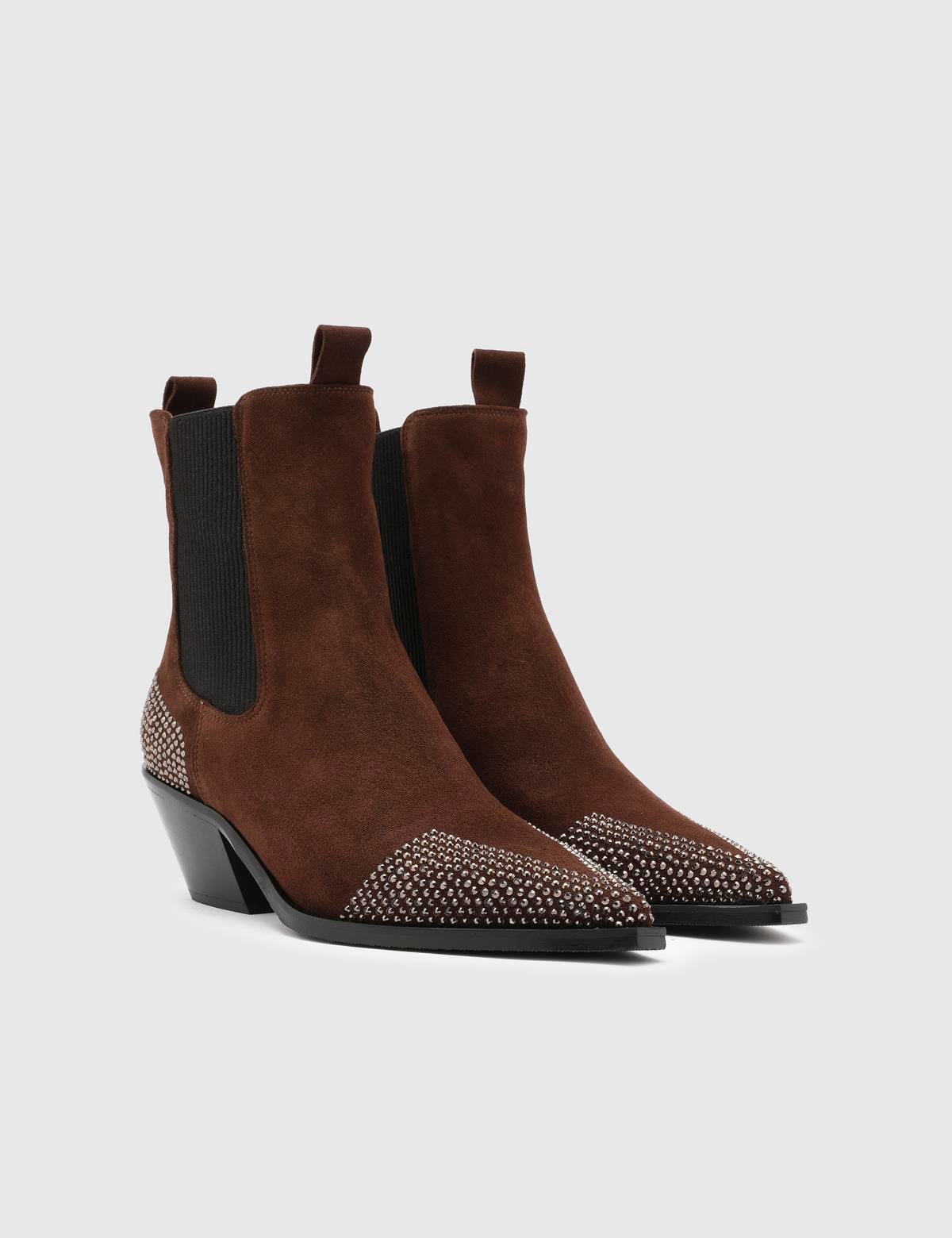 Dixie Brown Suede Leather Women's Heeled Boot with Stones