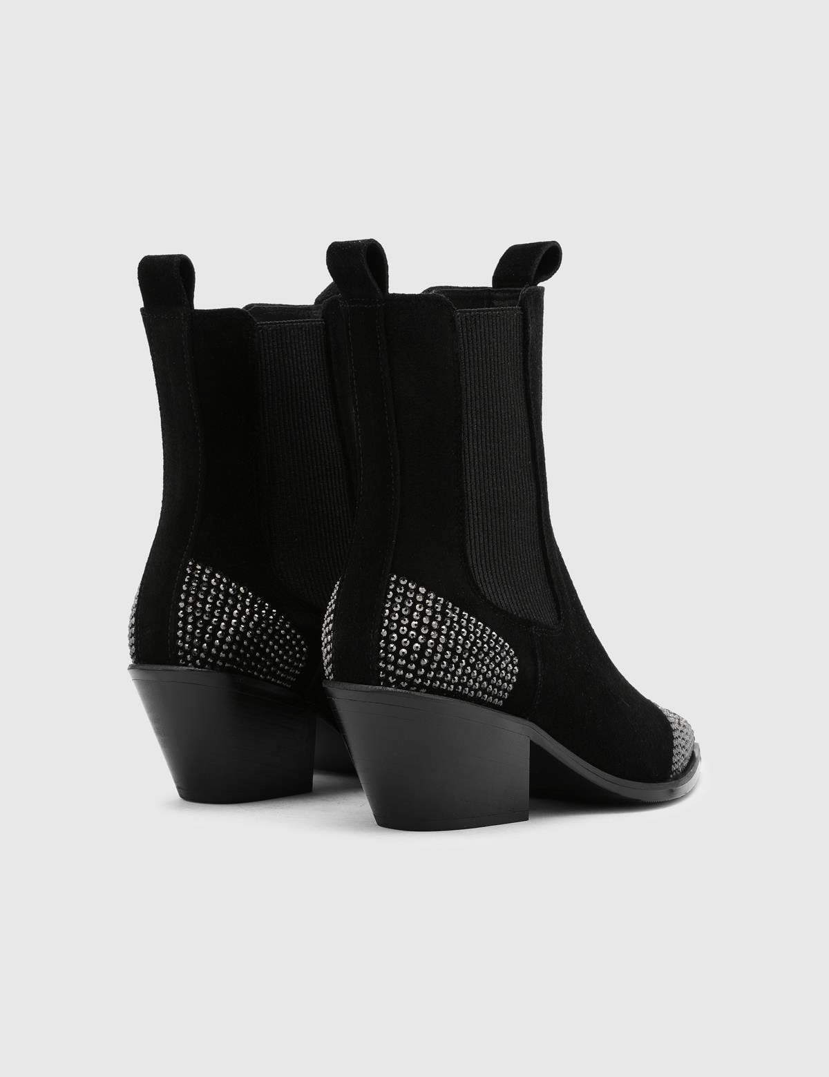Dixie Black Suede Leather Women's Heeled Boot with Stones