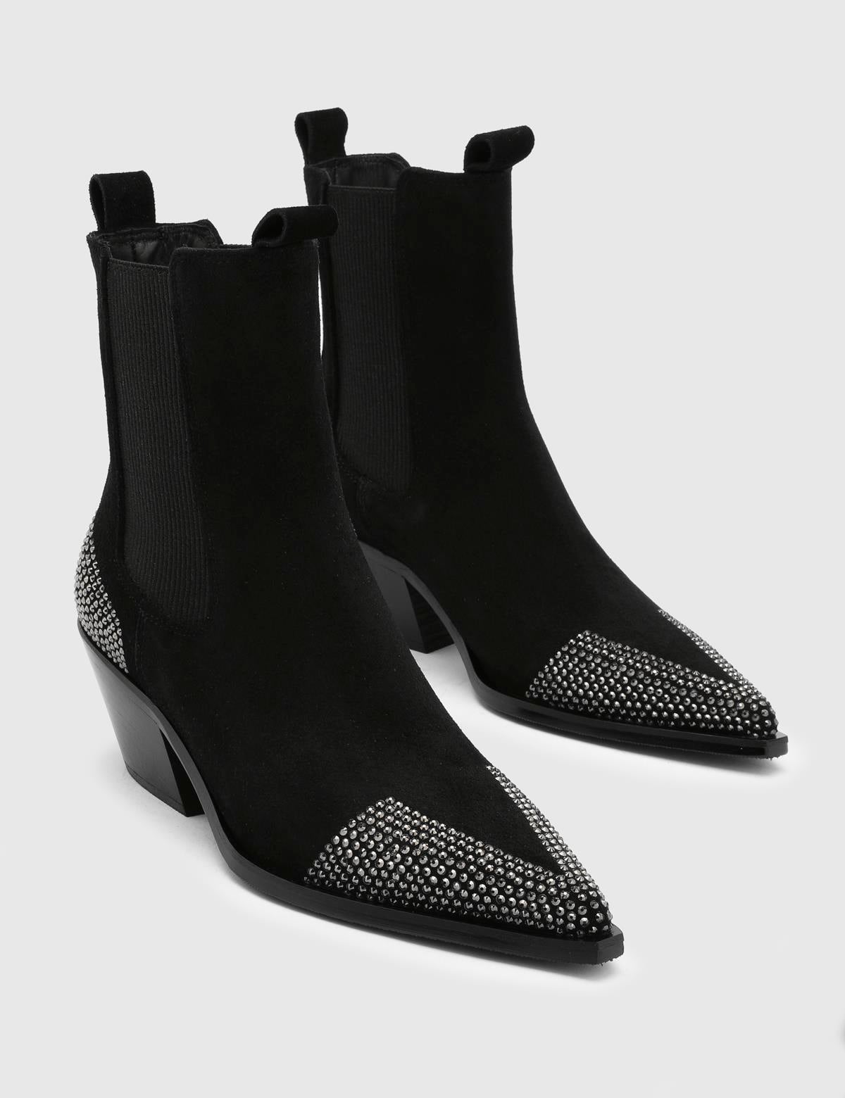 Dixie Black Suede Leather Women's Heeled Boot with Stones