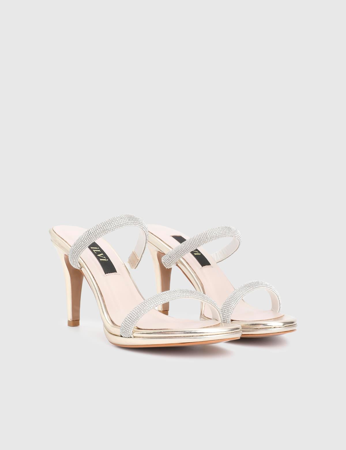 Fers Gold Leather Women's Heeled Slide with Stones