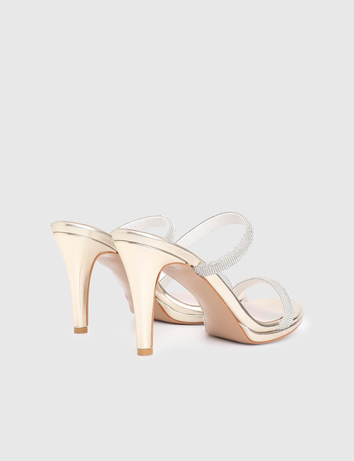 Fers Gold Leather Women's Heeled Slide with Stones