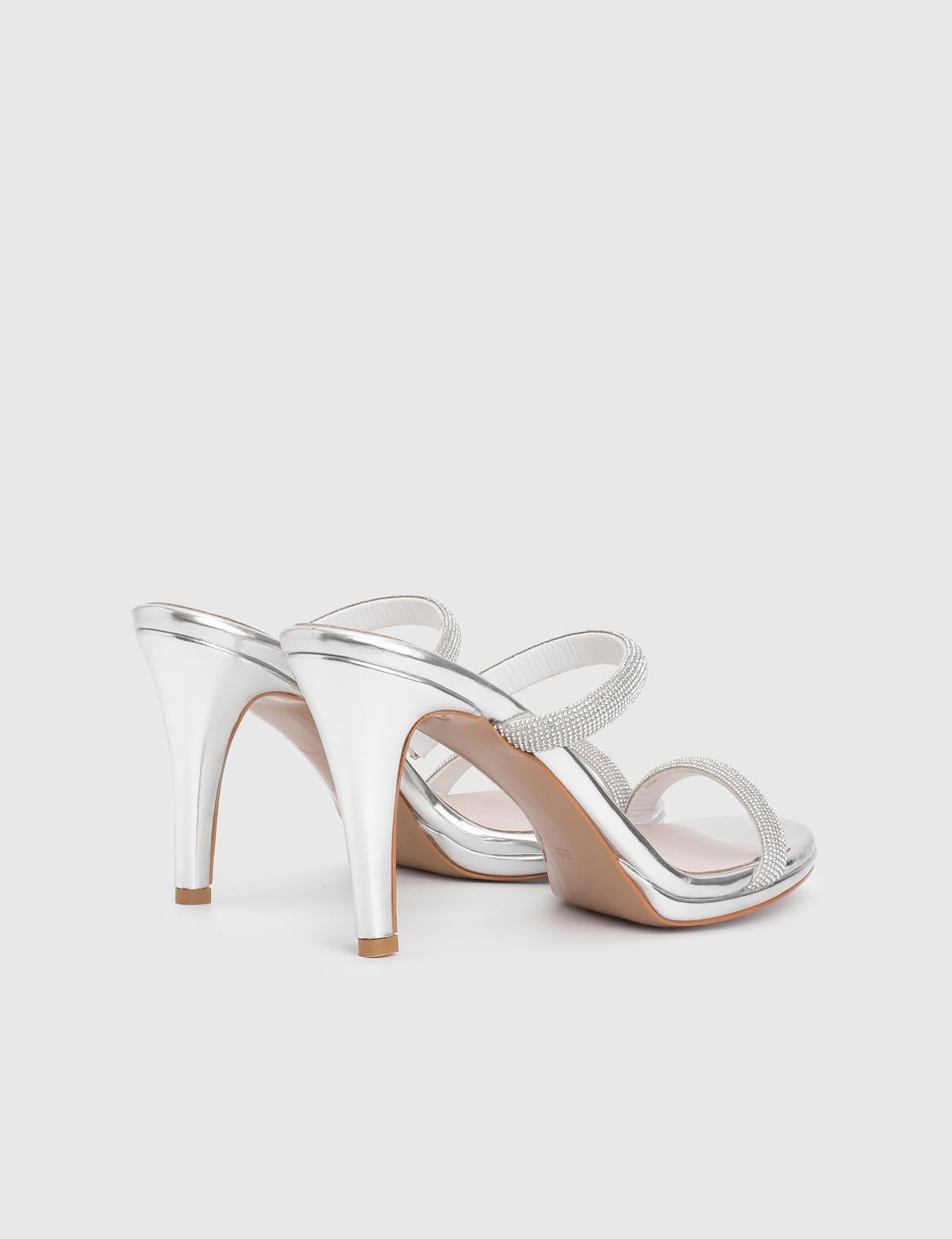 Fers Silver Leather Women's Heeled Slide with Stones