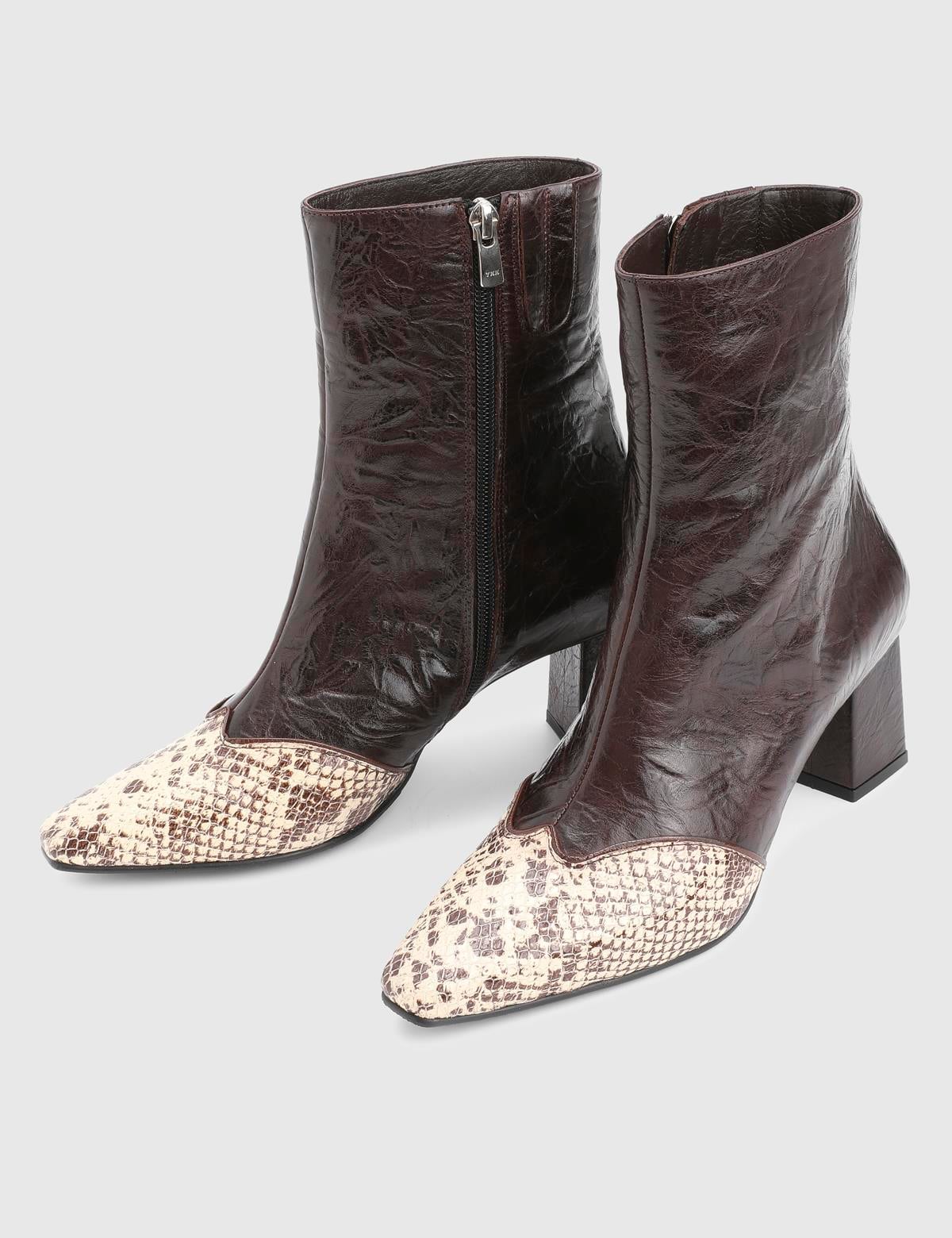 Fliy Brown Leather Snake Women's Heeled Boot