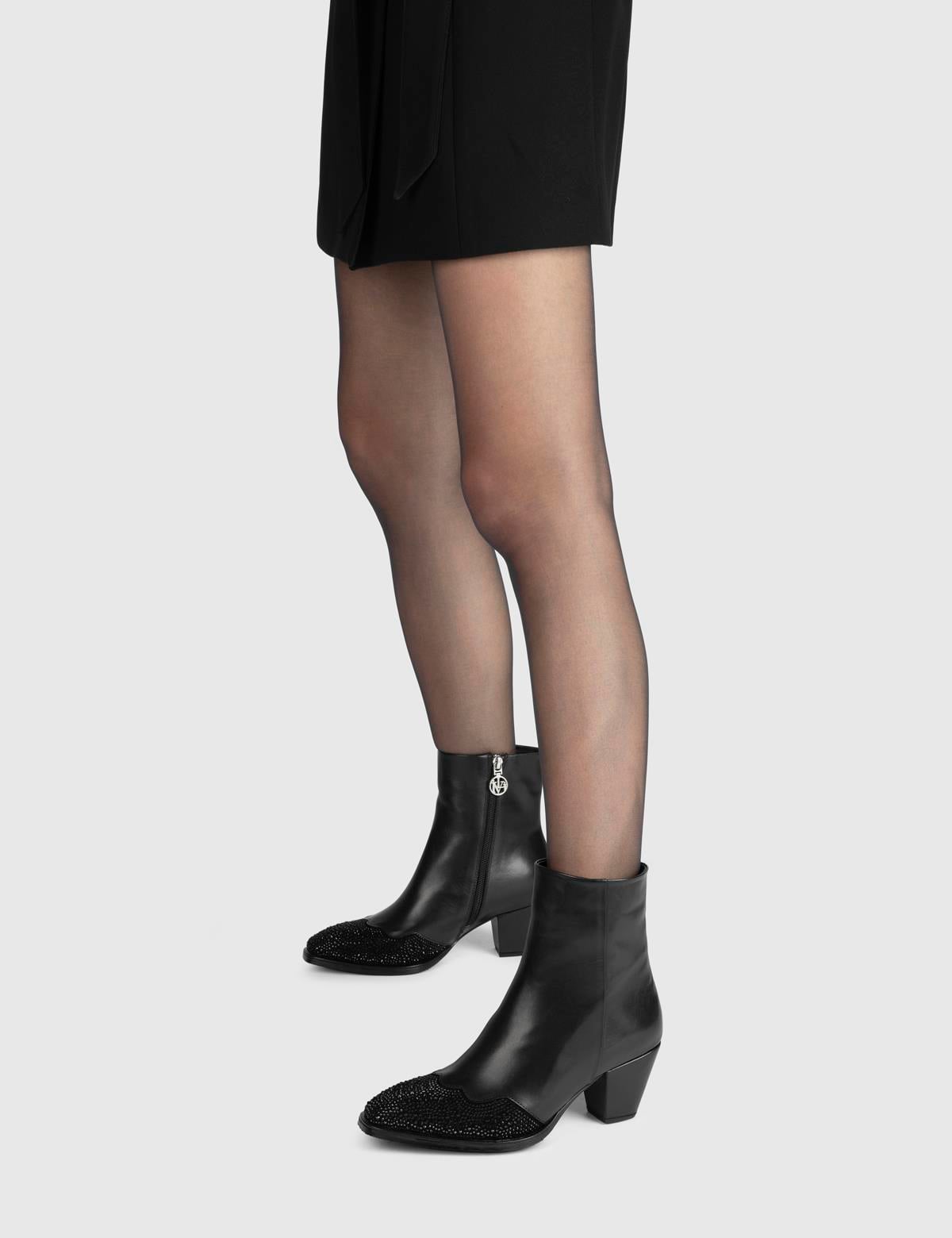 Franny Black Suede Leather Women's Heeled Boot with Stones