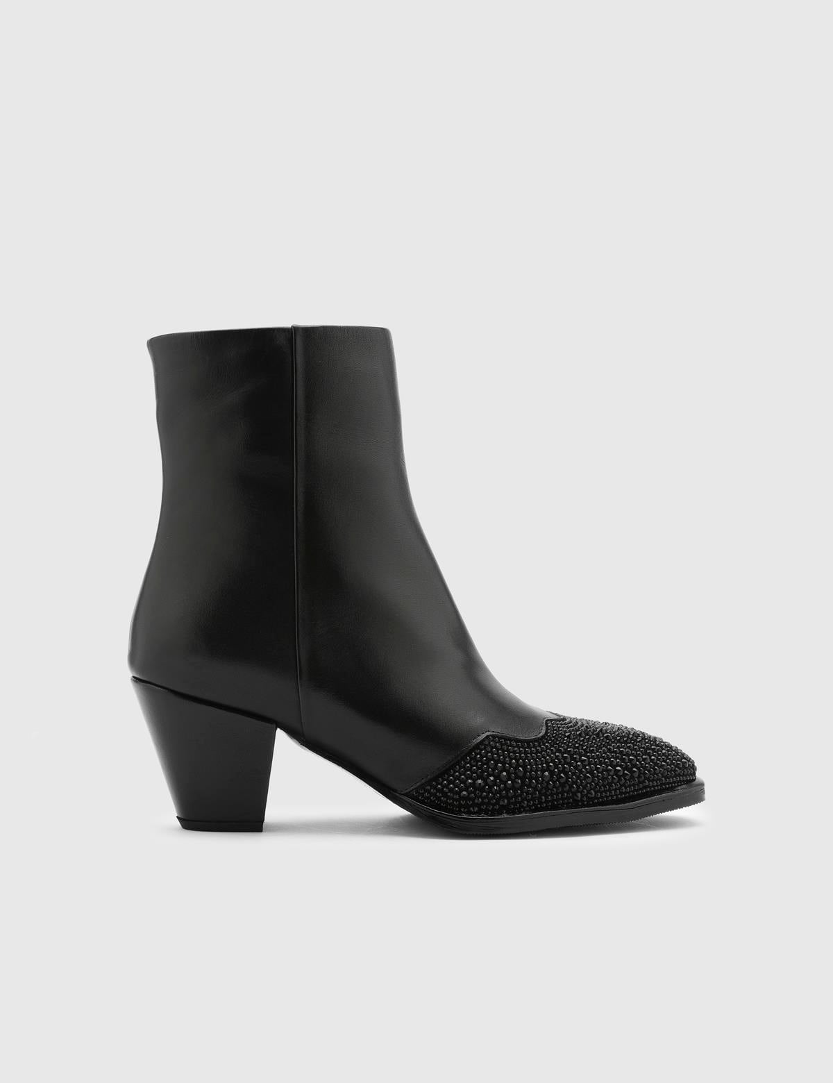 Franny Black Suede Leather Women's Heeled Boot with Stones