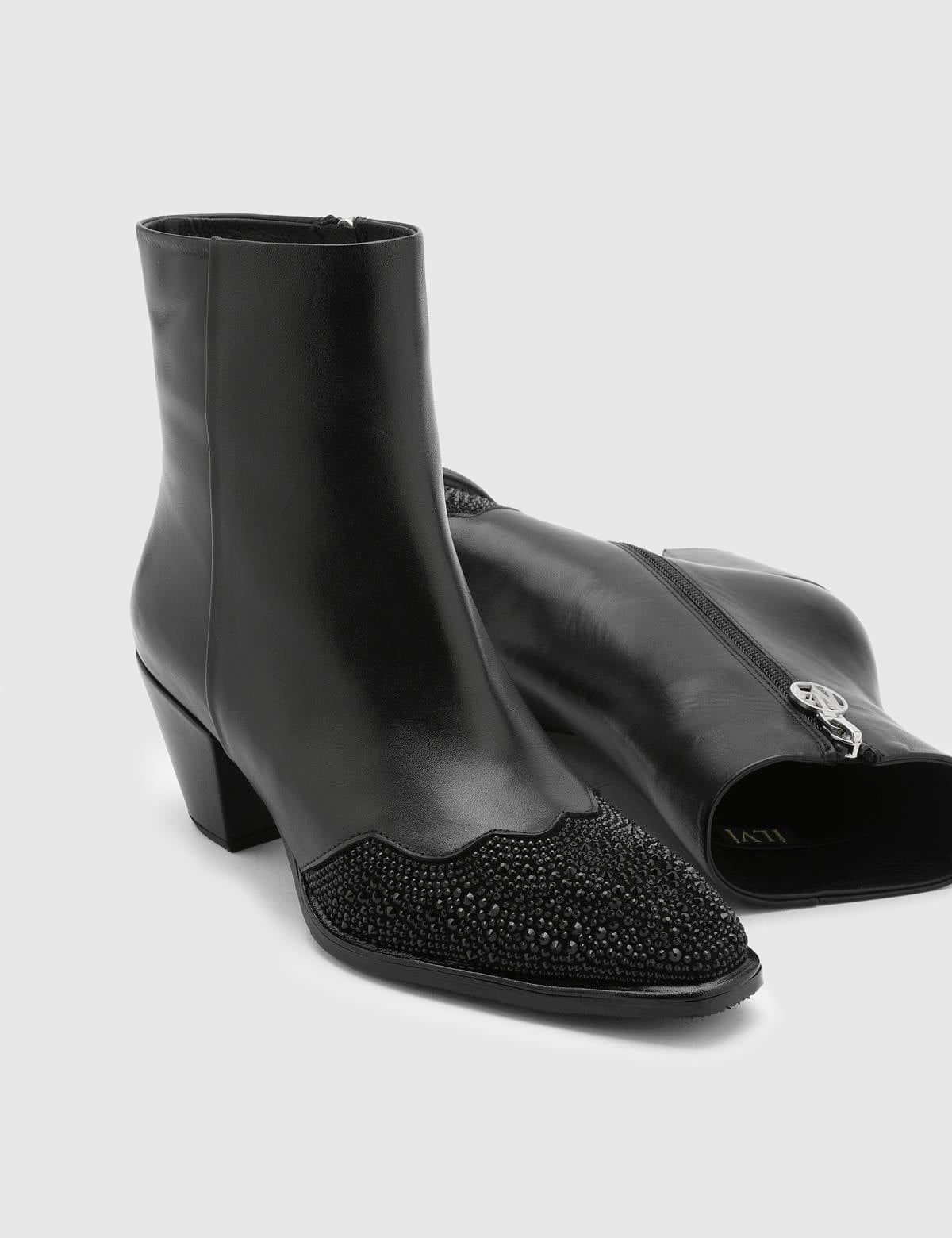 Franny Black Suede Leather Women's Heeled Boot with Stones