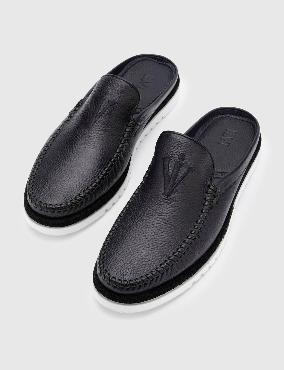 Konsa Navy Blue Floater Leather Men's Slipper