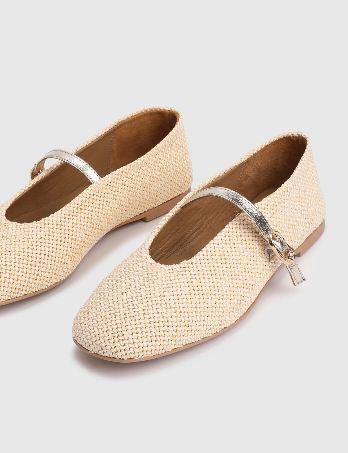 Larina Beige Leather Straw Women's Ballerina