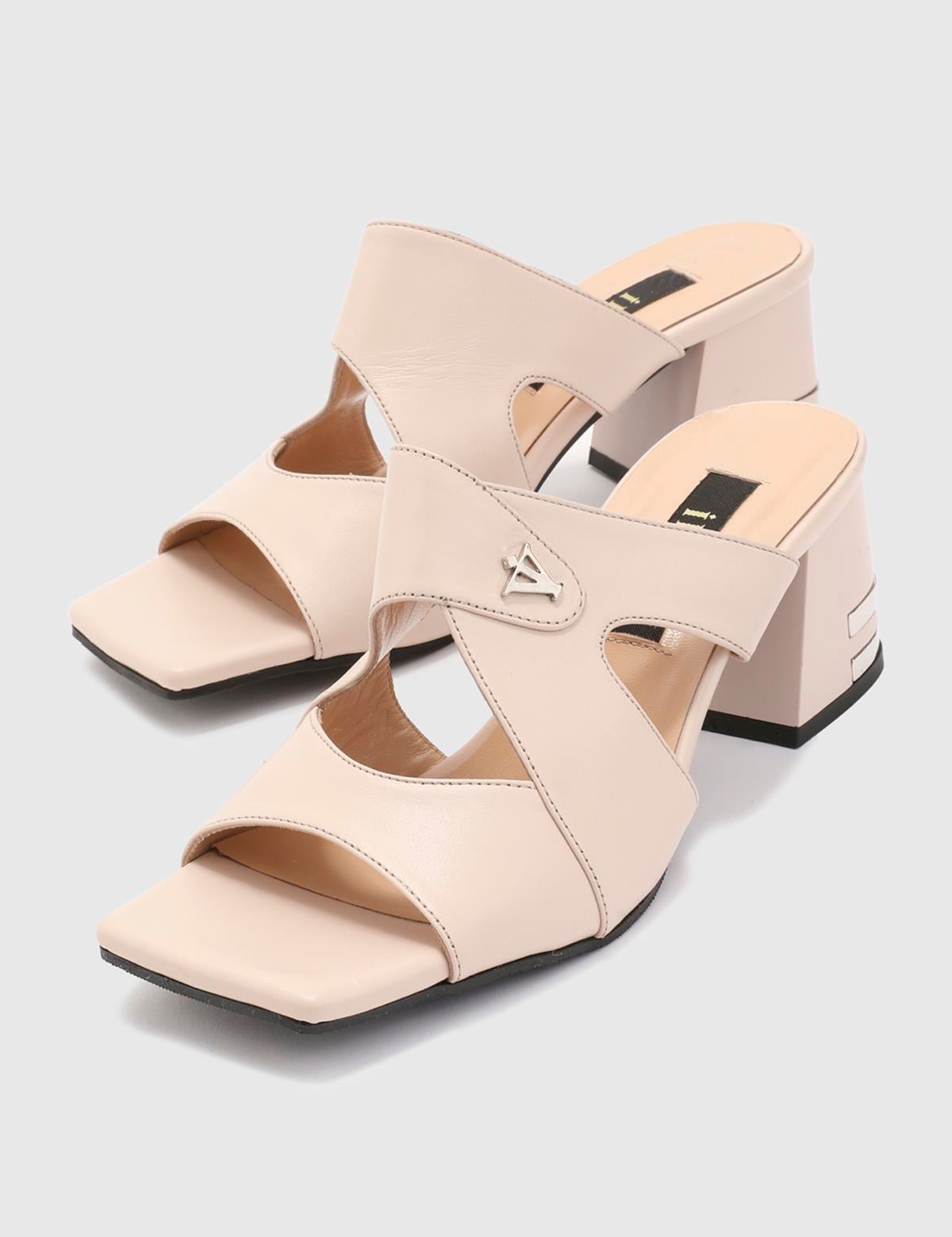 Lundvall Beige Leather Women's Heeled Slide