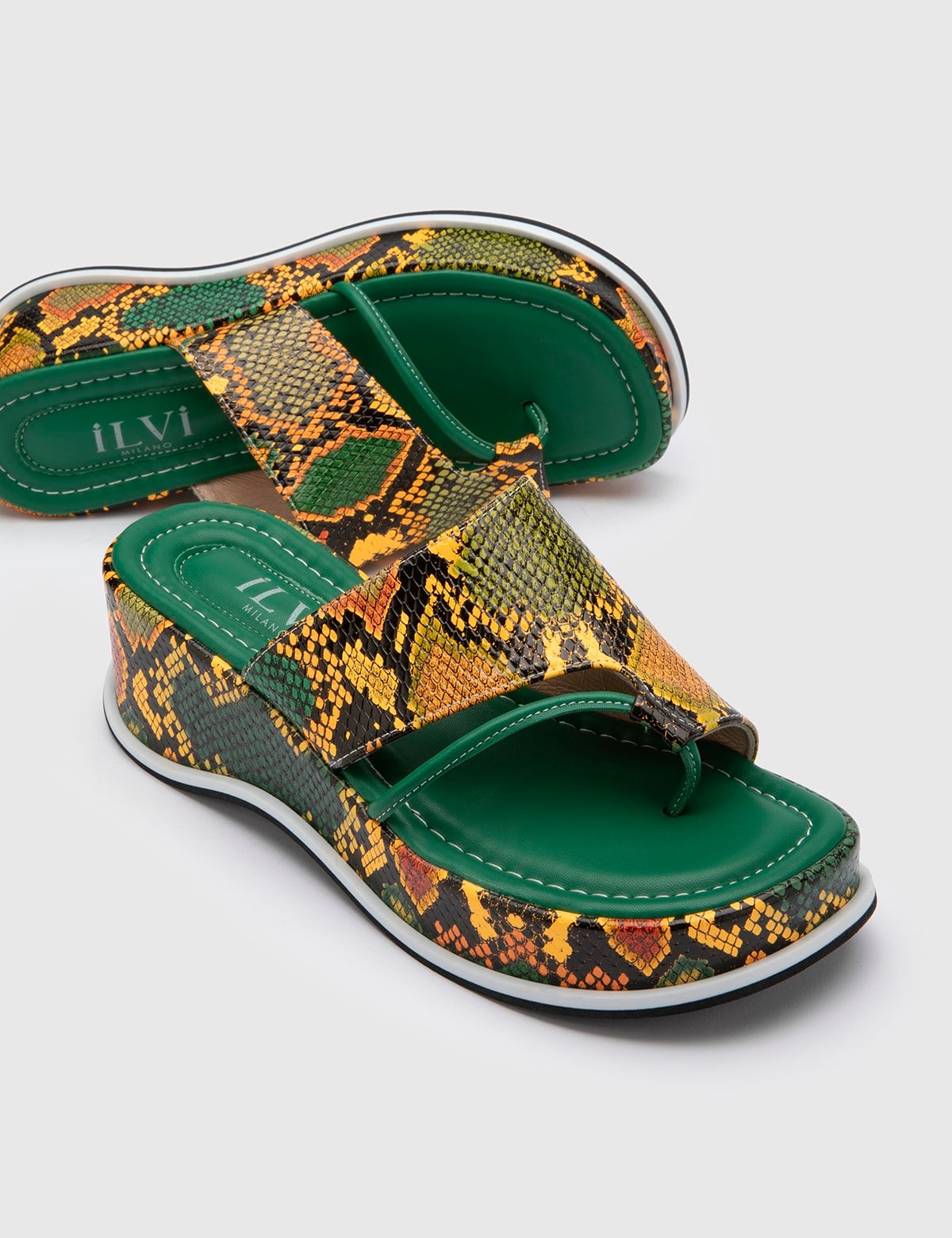 Masal Green Multicolor Snake White Leather Women's Slide