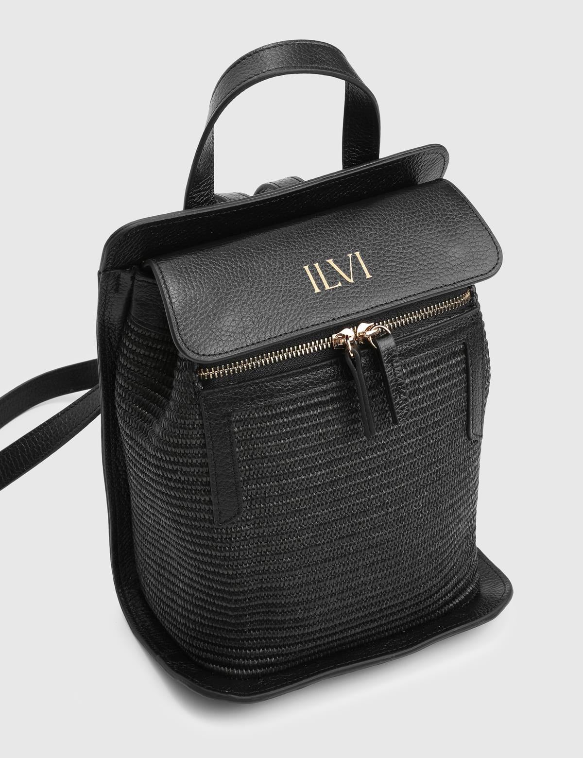 Mathis Black Leather Straw Women's Backpack