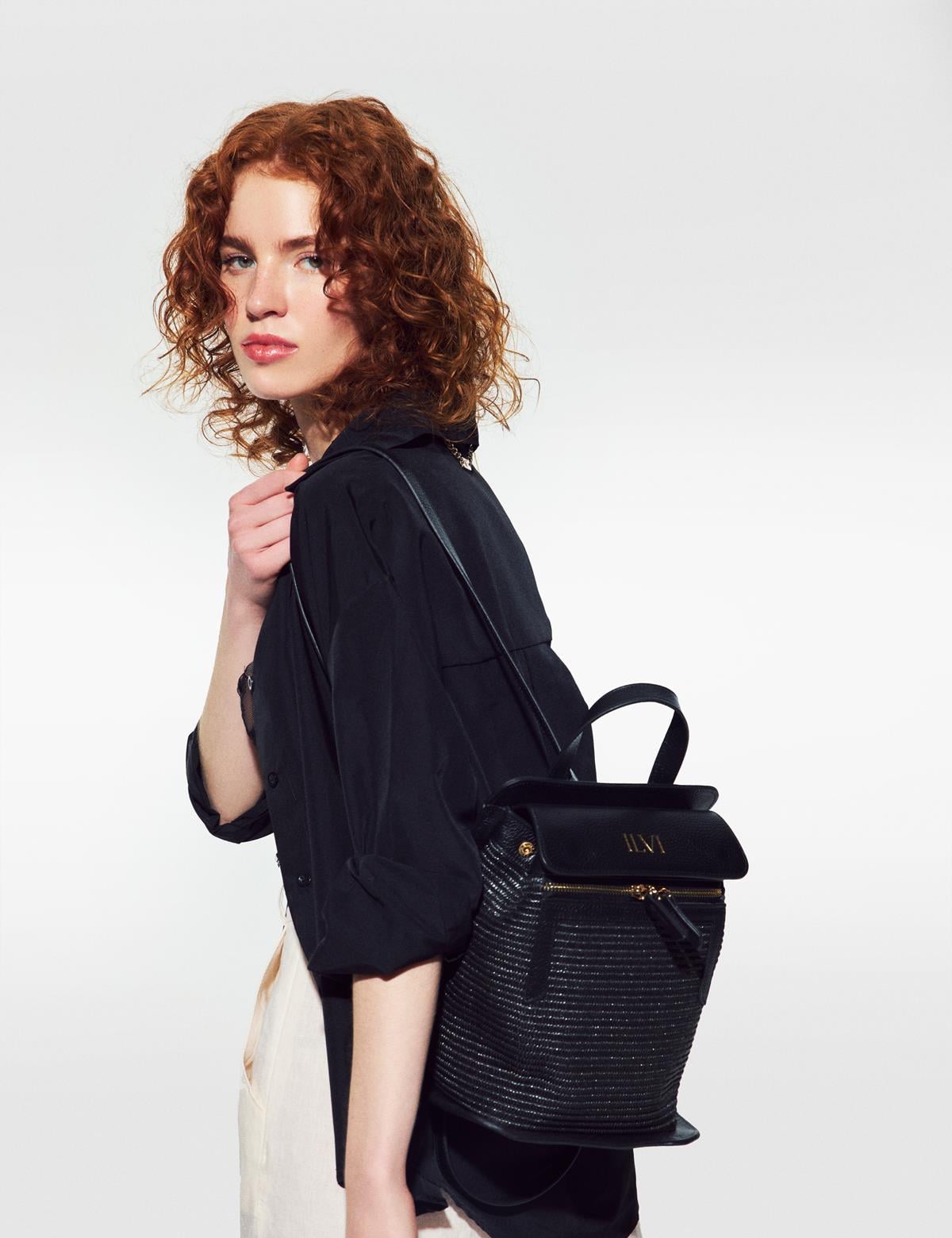 Mathis Black Leather Straw Women's Backpack