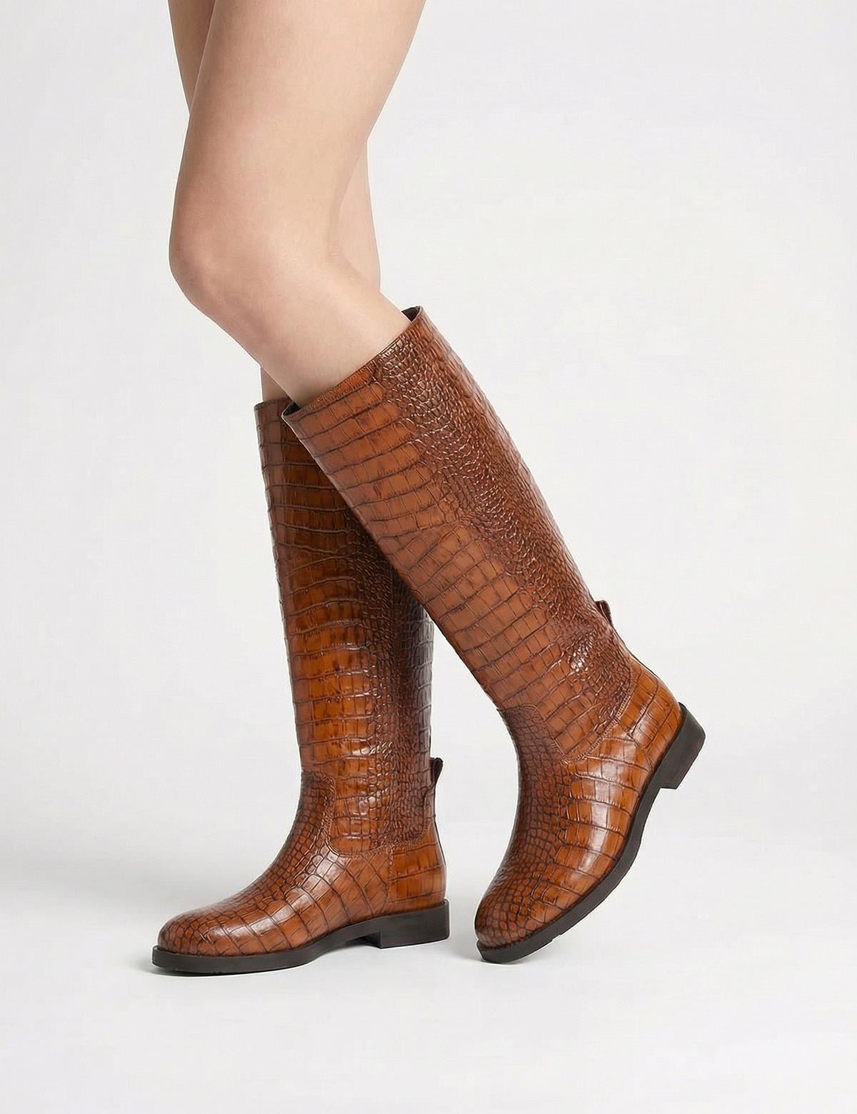 Mavros Saddle Brown Leather Crocodile Women's High Boot