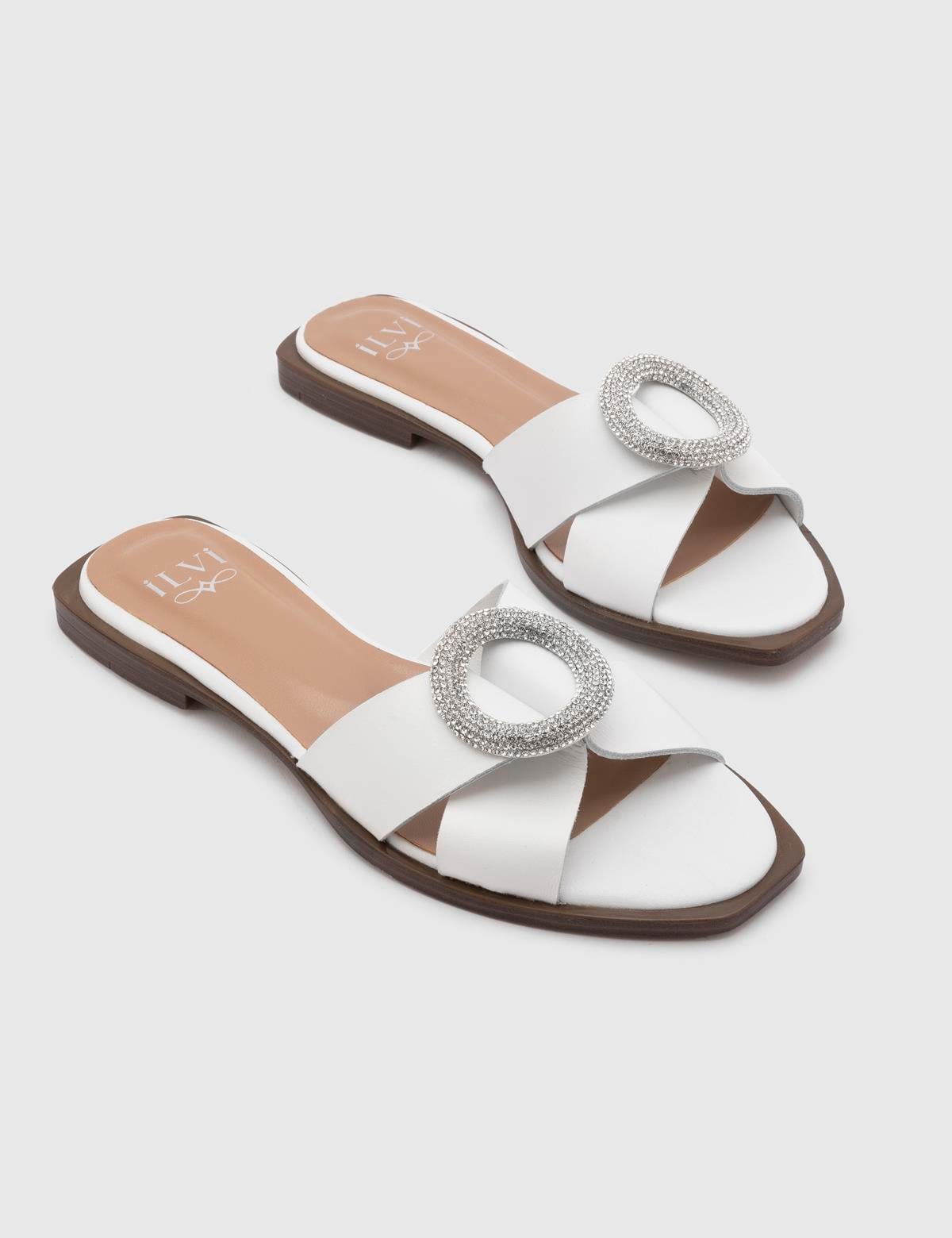 Minato White Leather Women's Slide