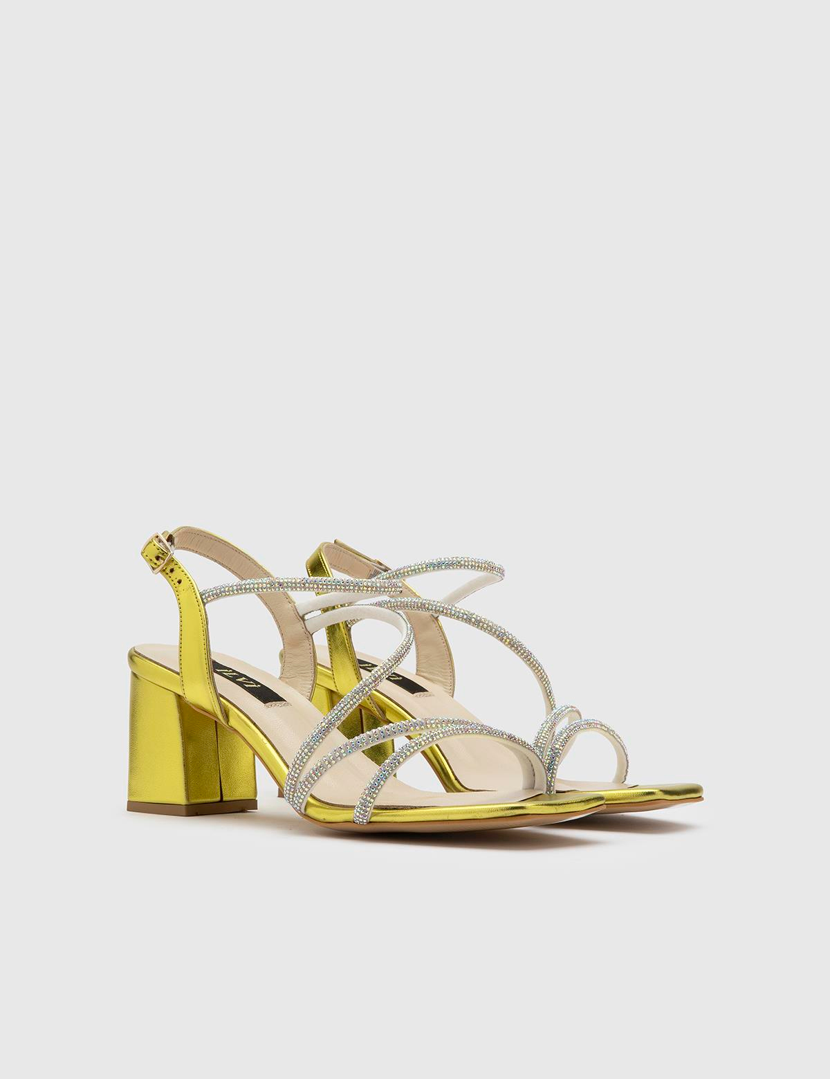 Nica Green Leather Women's Heeled Sandal with Stones