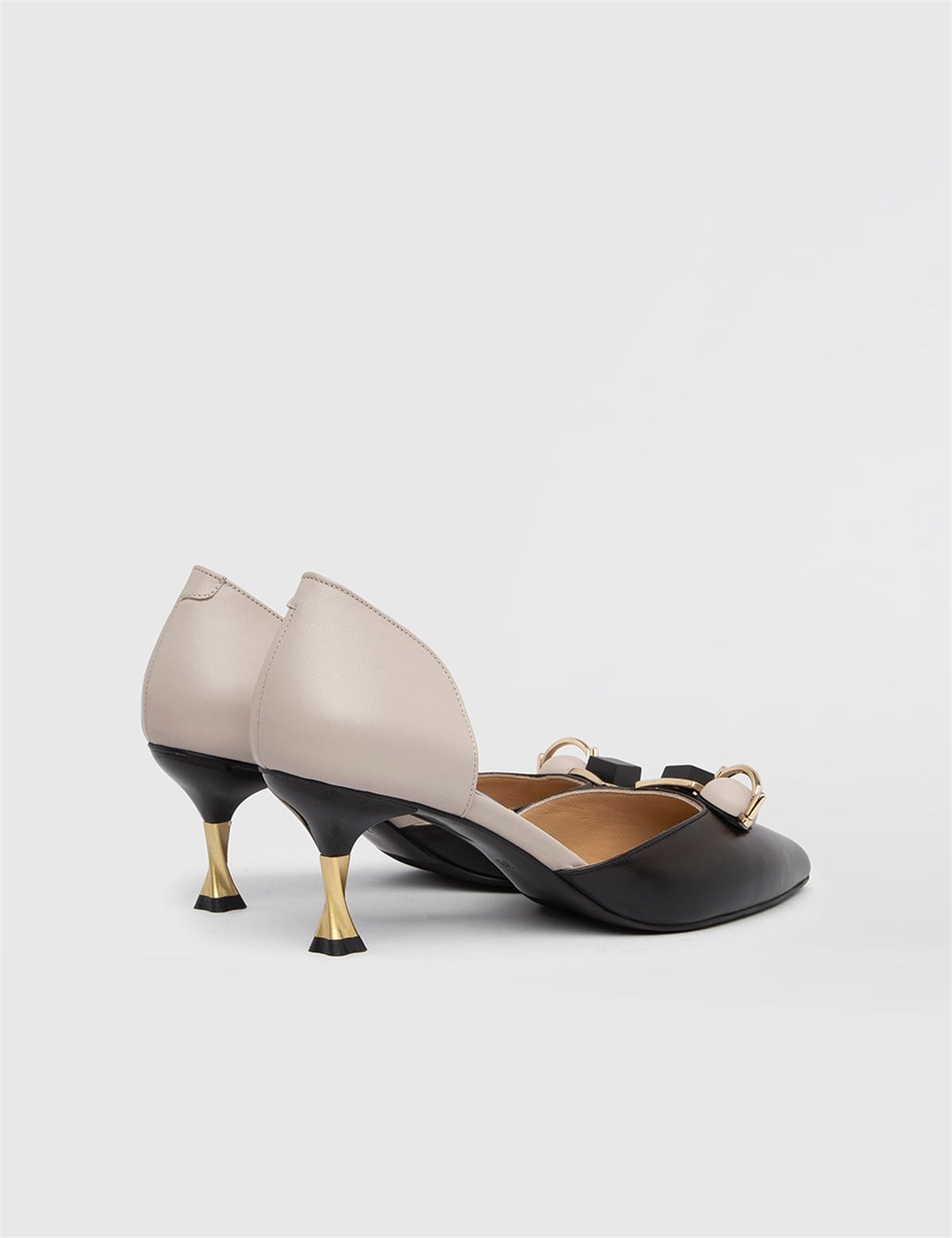 Nurdey Black-Beige Leather Women's Heeled Sandal