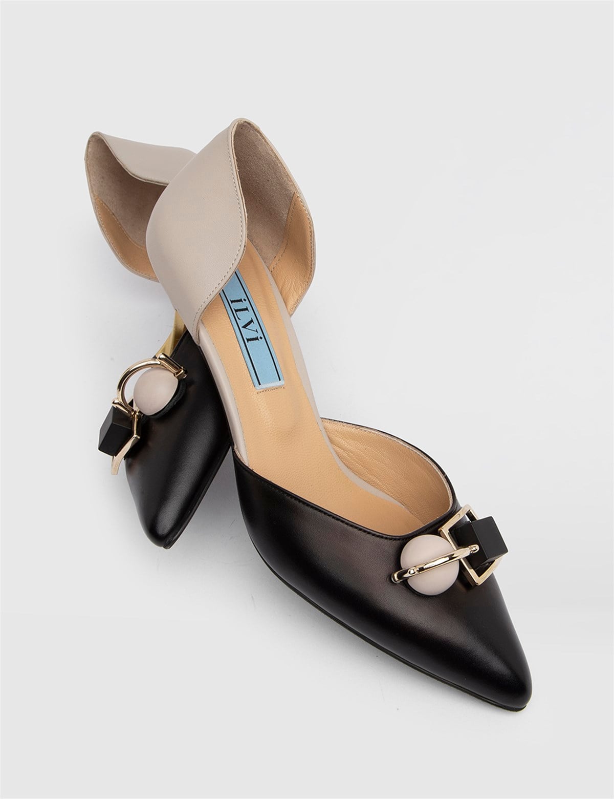 Nurdey Black-Beige Leather Women's Heeled Sandal